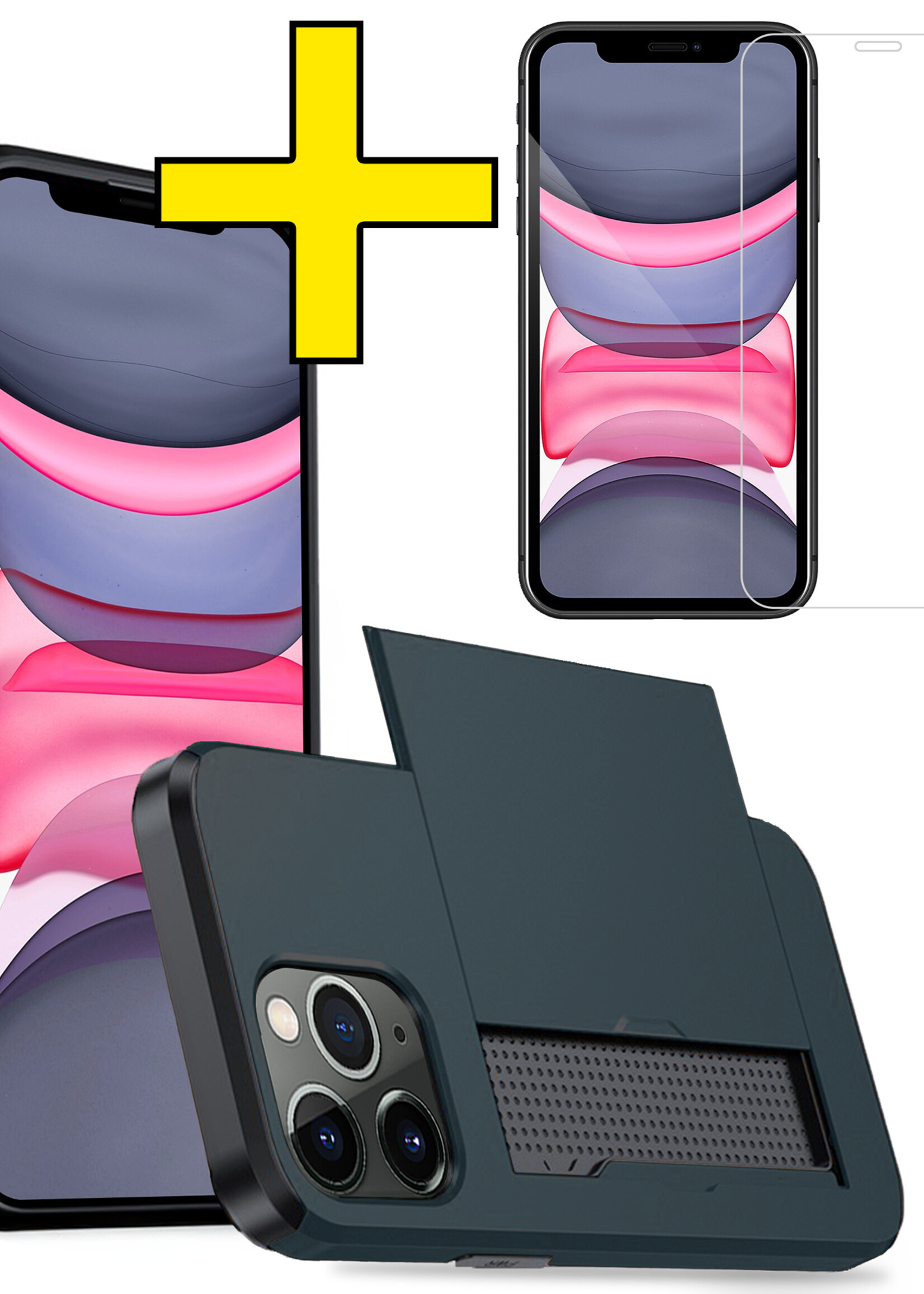 LUQ Hoesje Geschikt voor iPhone 11 Pro Hoesje Case Pashouder Hard Cover Met Screenprotector - Hoes Geschikt voor iPhone 11 Pro Hoesje Met Kaarthouder - Donker Blauw