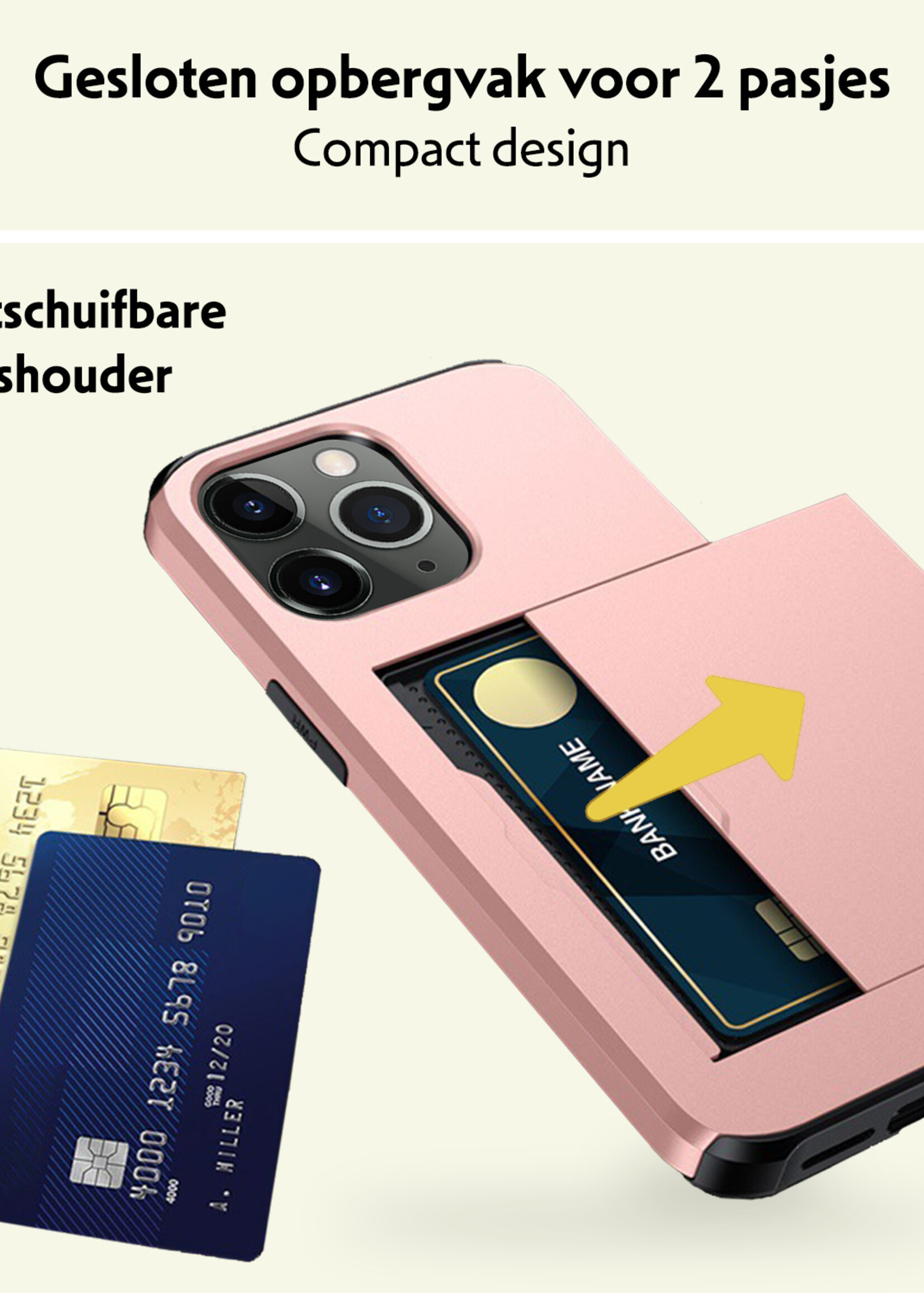 LUQ Hoesje Geschikt voor iPhone 11 Pro Hoesje Case Pashouder Hard Cover Met Screenprotector - Hoes Geschikt voor iPhone 11 Pro Hoesje Met Kaarthouder - Rosé Goud