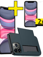 LUQ LUQ iPhone 11 Pro Hoesje Pashouder Hard Met 2x Screenprotector - Donker Blauw