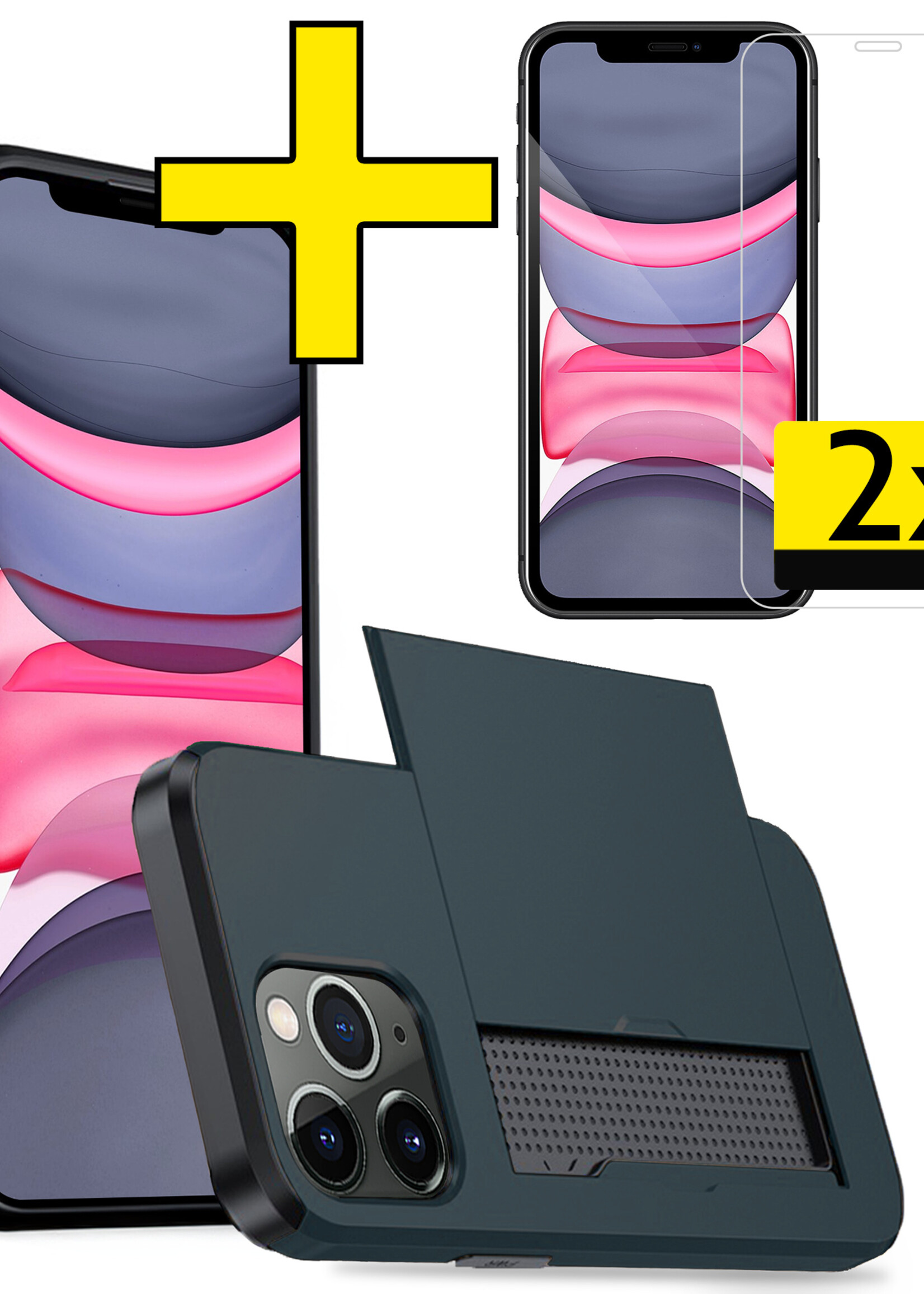 LUQ Hoesje Geschikt voor iPhone 11 Pro Hoesje Case Pashouder Hard Cover Met 2x Screenprotector - Hoes Geschikt voor iPhone 11 Pro Hoesje Met Kaarthouder - Donker Blauw