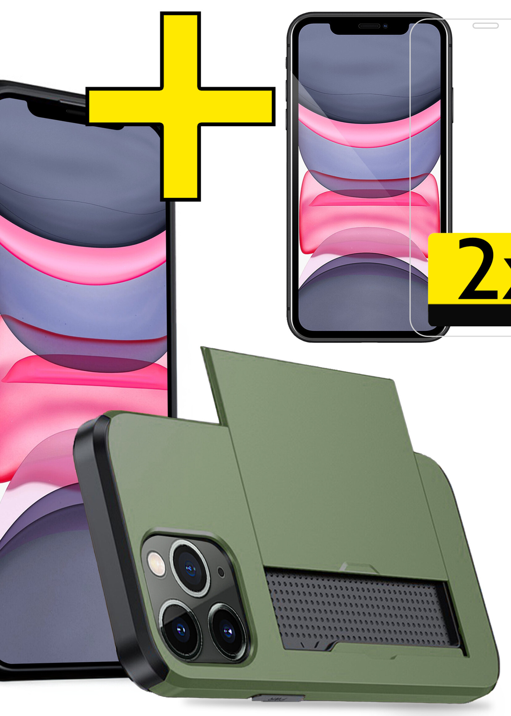 LUQ Hoesje Geschikt voor iPhone 11 Pro Hoesje Case Pashouder Hard Cover Met 2x Screenprotector - Hoes Geschikt voor iPhone 11 Pro Hoesje Met Kaarthouder - Donker Groen