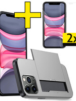 LUQ LUQ iPhone 11 Pro Hoesje Pashouder Hard Met 2x Screenprotector - Grijs