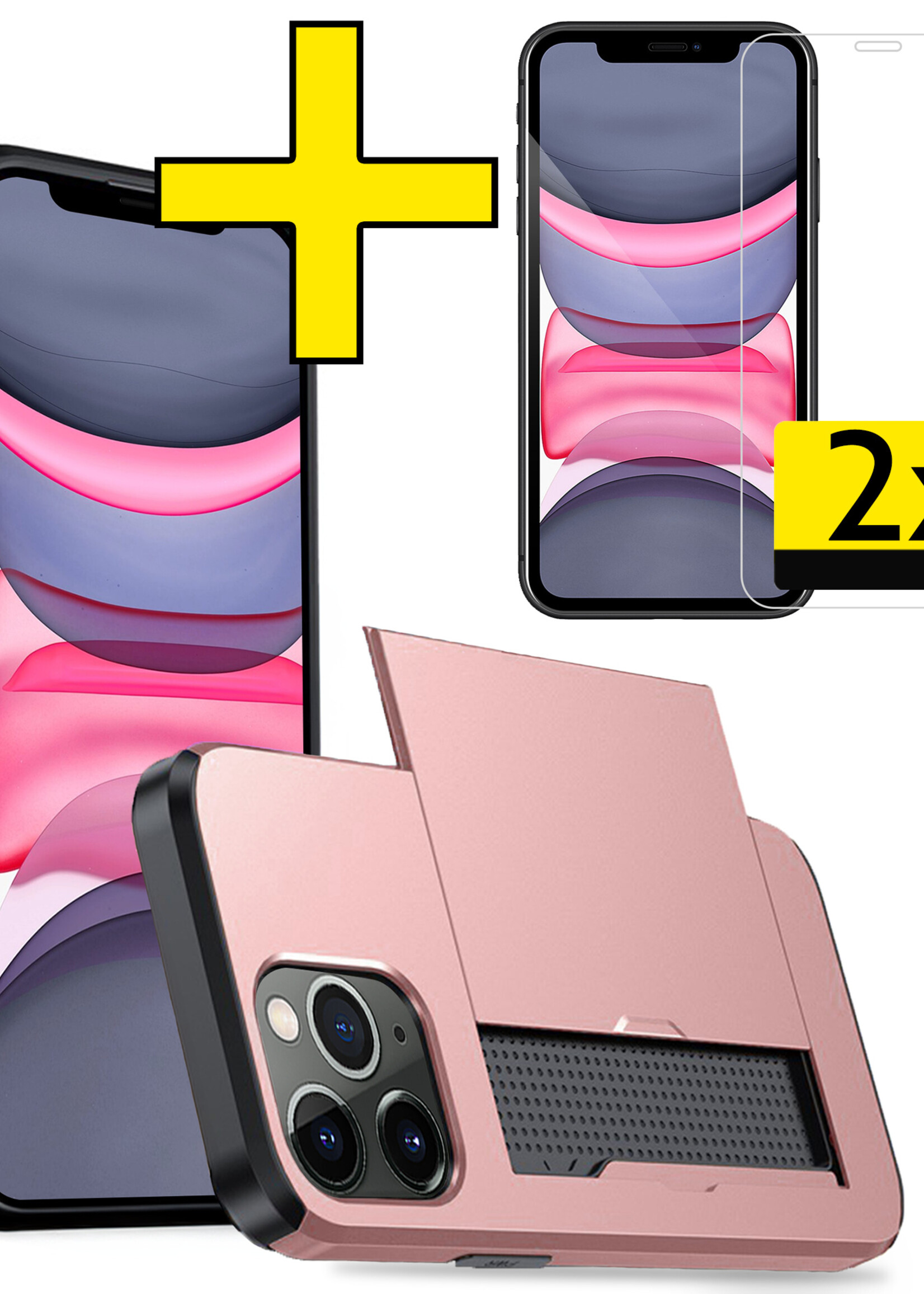 LUQ Hoesje Geschikt voor iPhone 11 Pro Hoesje Case Pashouder Hard Cover Met 2x Screenprotector - Hoes Geschikt voor iPhone 11 Pro Hoesje Met Kaarthouder - Rosé Goud