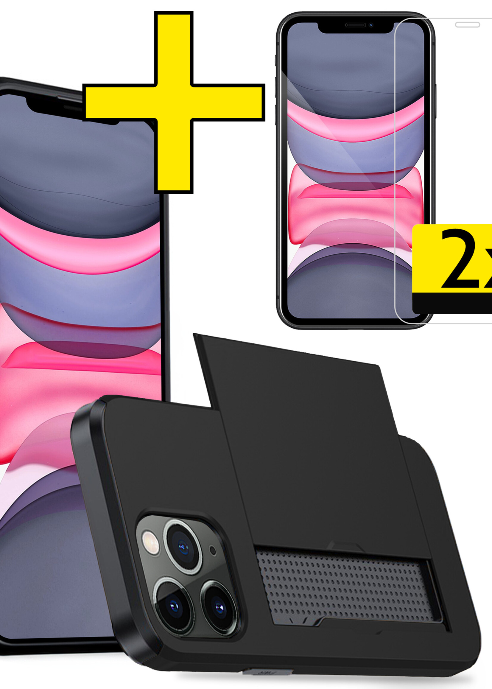LUQ Hoesje Geschikt voor iPhone 11 Pro Hoesje Case Pashouder Hard Cover Met 2x Screenprotector - Hoes Geschikt voor iPhone 11 Pro Hoesje Met Kaarthouder - Zwart