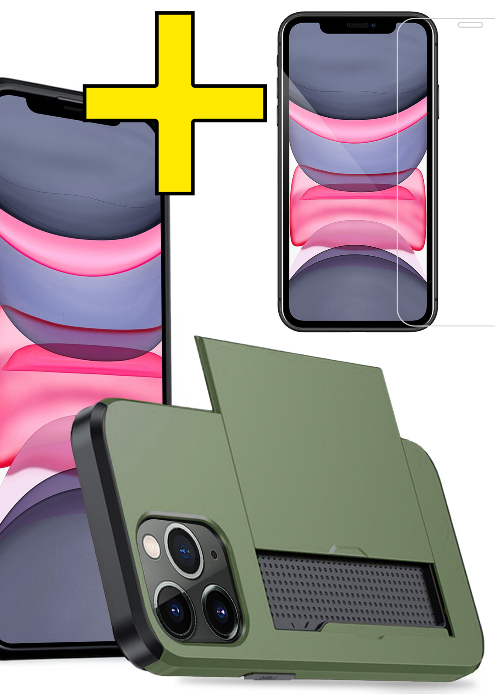 LUQ Hoesje Geschikt voor iPhone 11 Pro Max Hoesje Case Pashouder Hard Cover Met Screenprotector - Hoes Geschikt voor iPhone 11 Pro Max Hoesje Met Kaarthouder - Donker Groen
