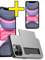 LUQ LUQ iPhone 11 Pro Max Hoesje Pashouder Hard Met Screenprotector - Grijs