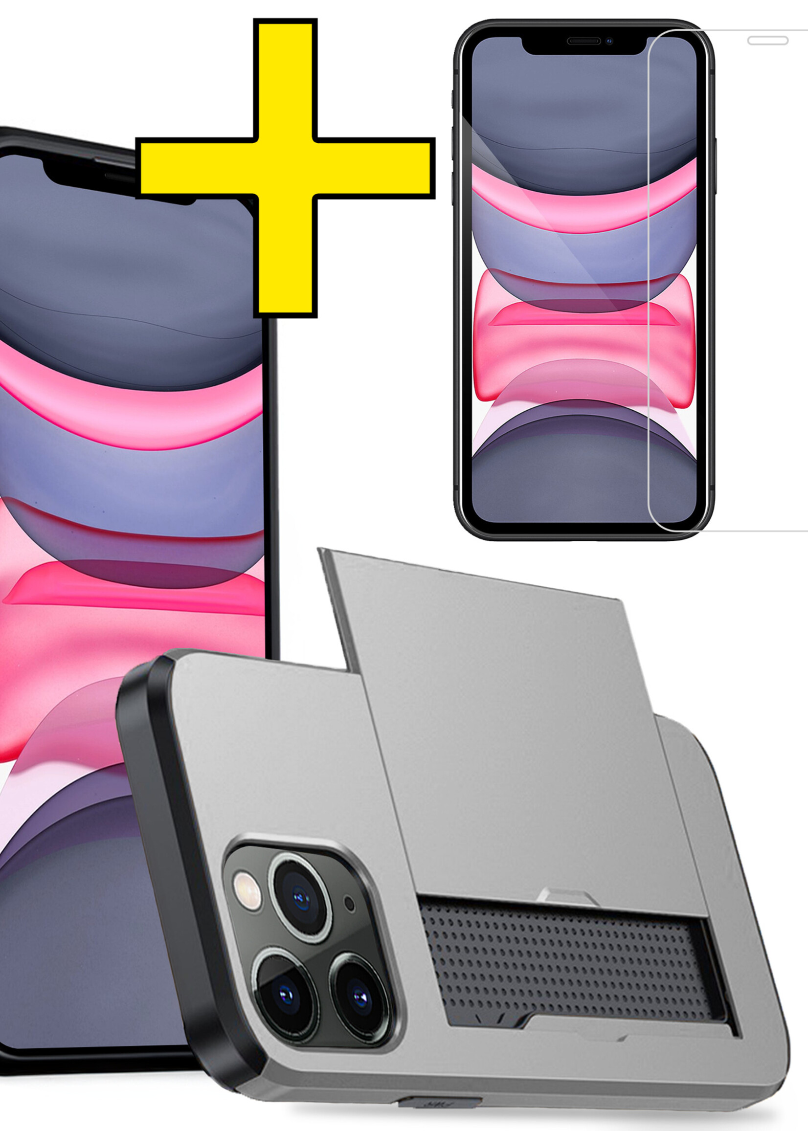 LUQ Hoesje Geschikt voor iPhone 11 Pro Max Hoesje Case Pashouder Hard Cover Met Screenprotector - Hoes Geschikt voor iPhone 11 Pro Max Hoesje Met Kaarthouder - Grijs