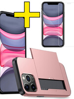 LUQ LUQ iPhone 11 Pro Max Hoesje Pashouder Hard Met Screenprotector - Rosé Goud