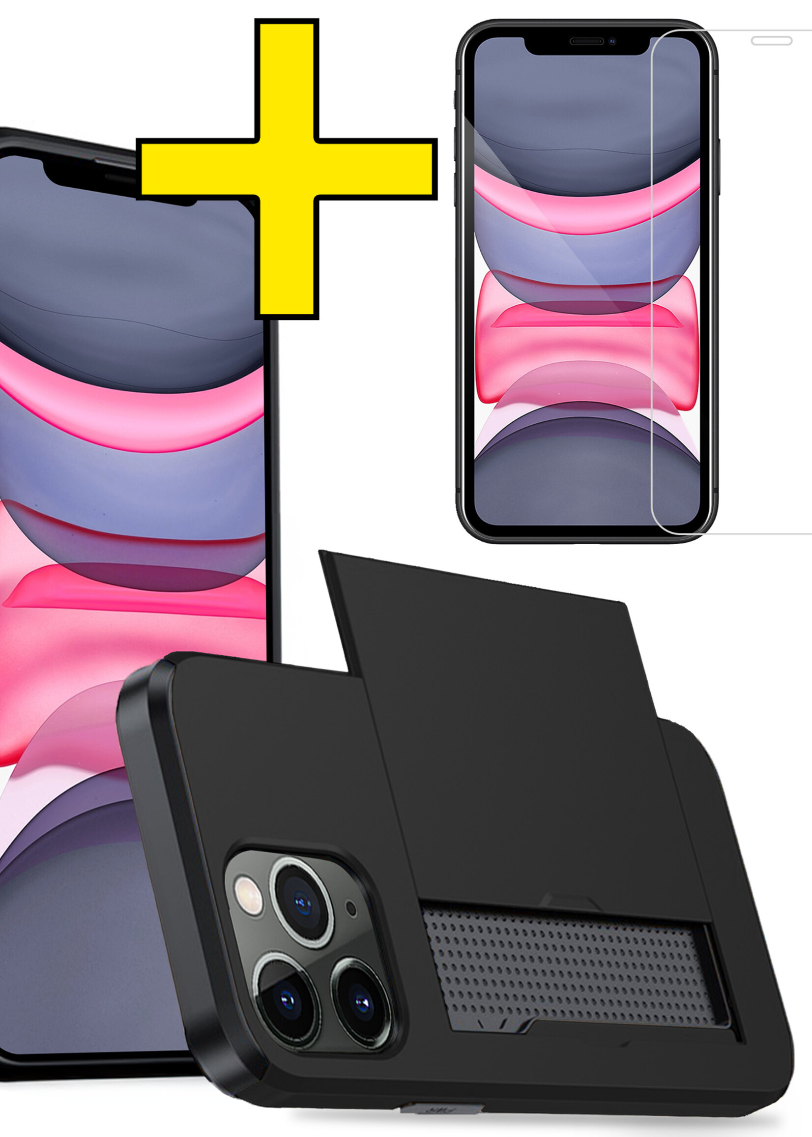 LUQ Hoesje Geschikt voor iPhone 11 Pro Max Hoesje Case Pashouder Hard Cover Met Screenprotector - Hoes Geschikt voor iPhone 11 Pro Max Hoesje Met Kaarthouder - Zwart