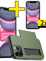 LUQ LUQ iPhone 11 Pro Max Hoesje Pashouder Hard Met 2x Screenprotector - Donker Groen