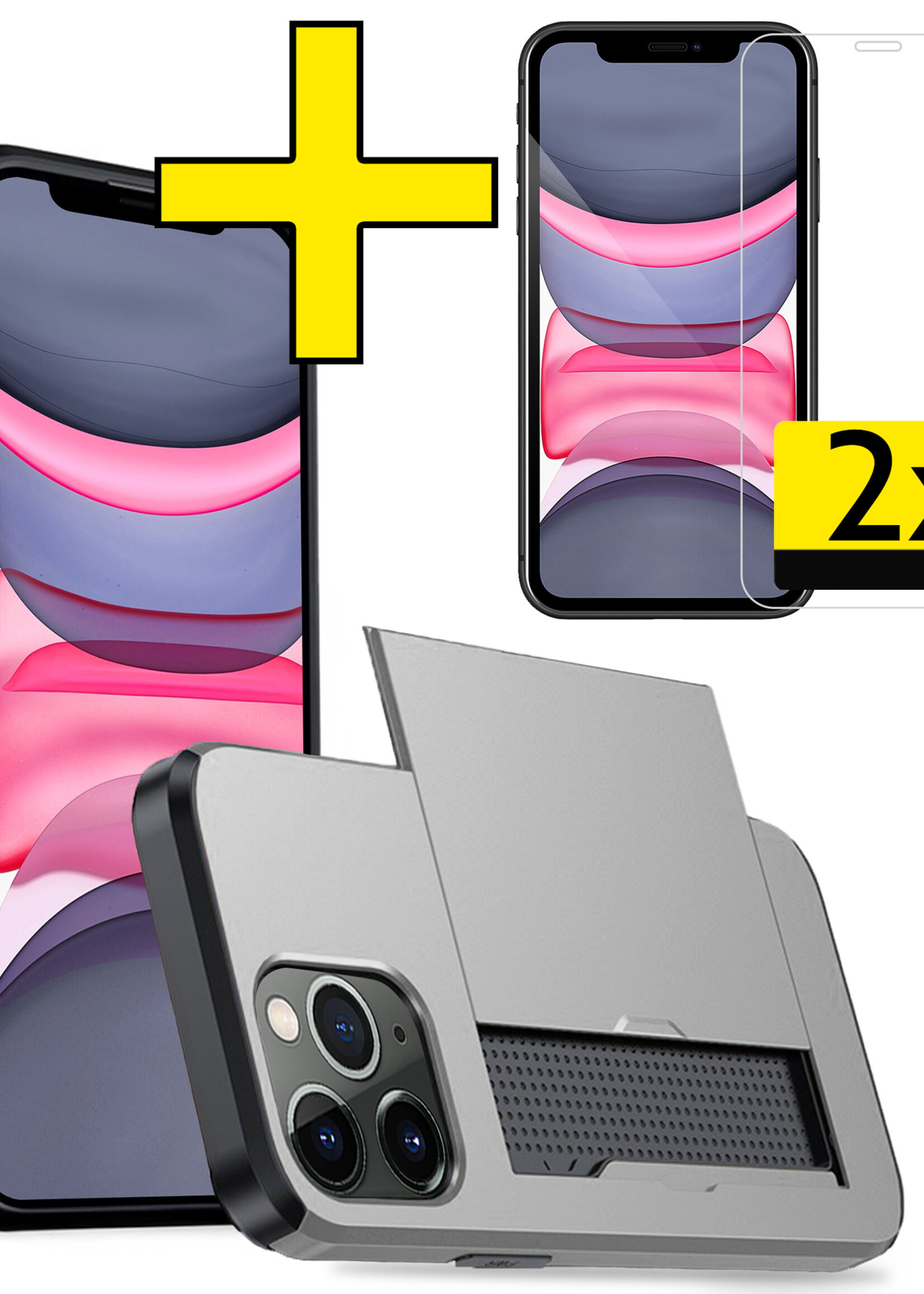 LUQ Hoesje Geschikt voor iPhone 11 Pro Max Hoesje Case Pashouder Hard Cover Met 2x Screenprotector - Hoes Geschikt voor iPhone 11 Pro Max Hoesje Met Kaarthouder - Grijs