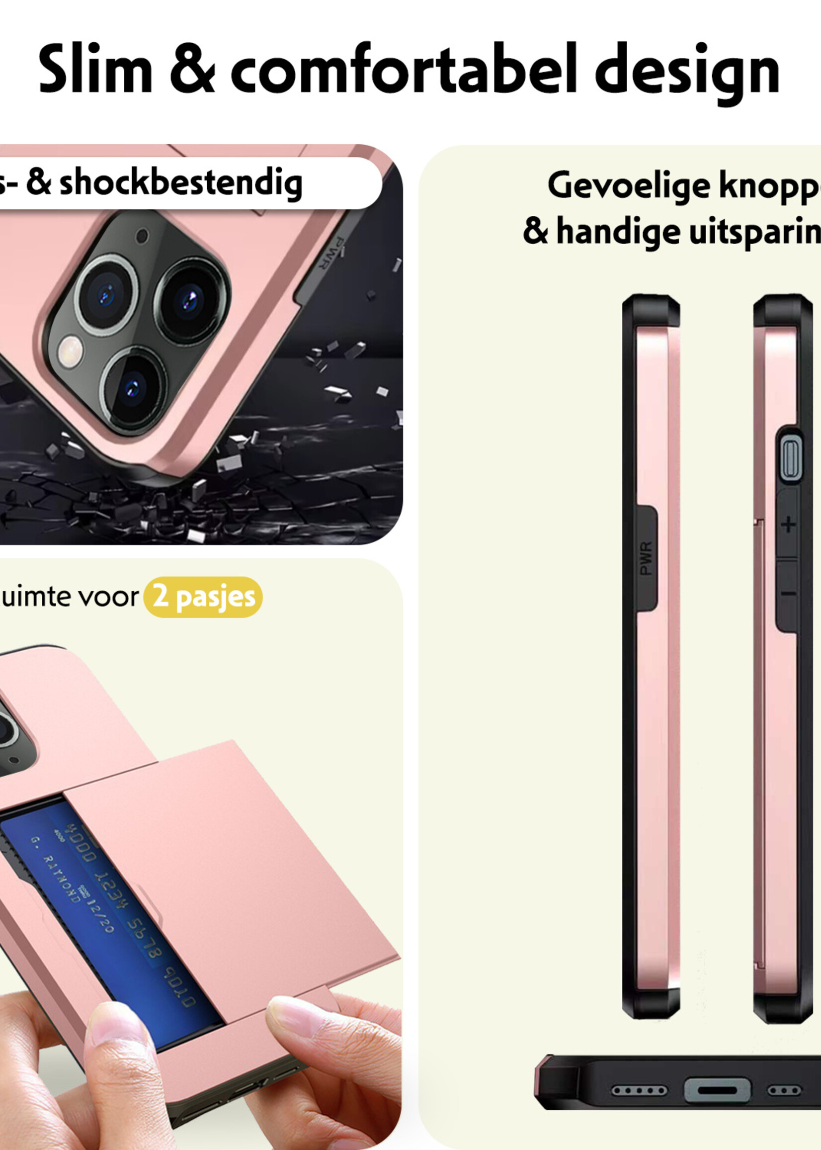 LUQ Hoesje Geschikt voor iPhone 11 Pro Max Hoesje Case Pashouder Hard Cover Met 2x Screenprotector - Hoes Geschikt voor iPhone 11 Pro Max Hoesje Met Kaarthouder - Rosé Goud