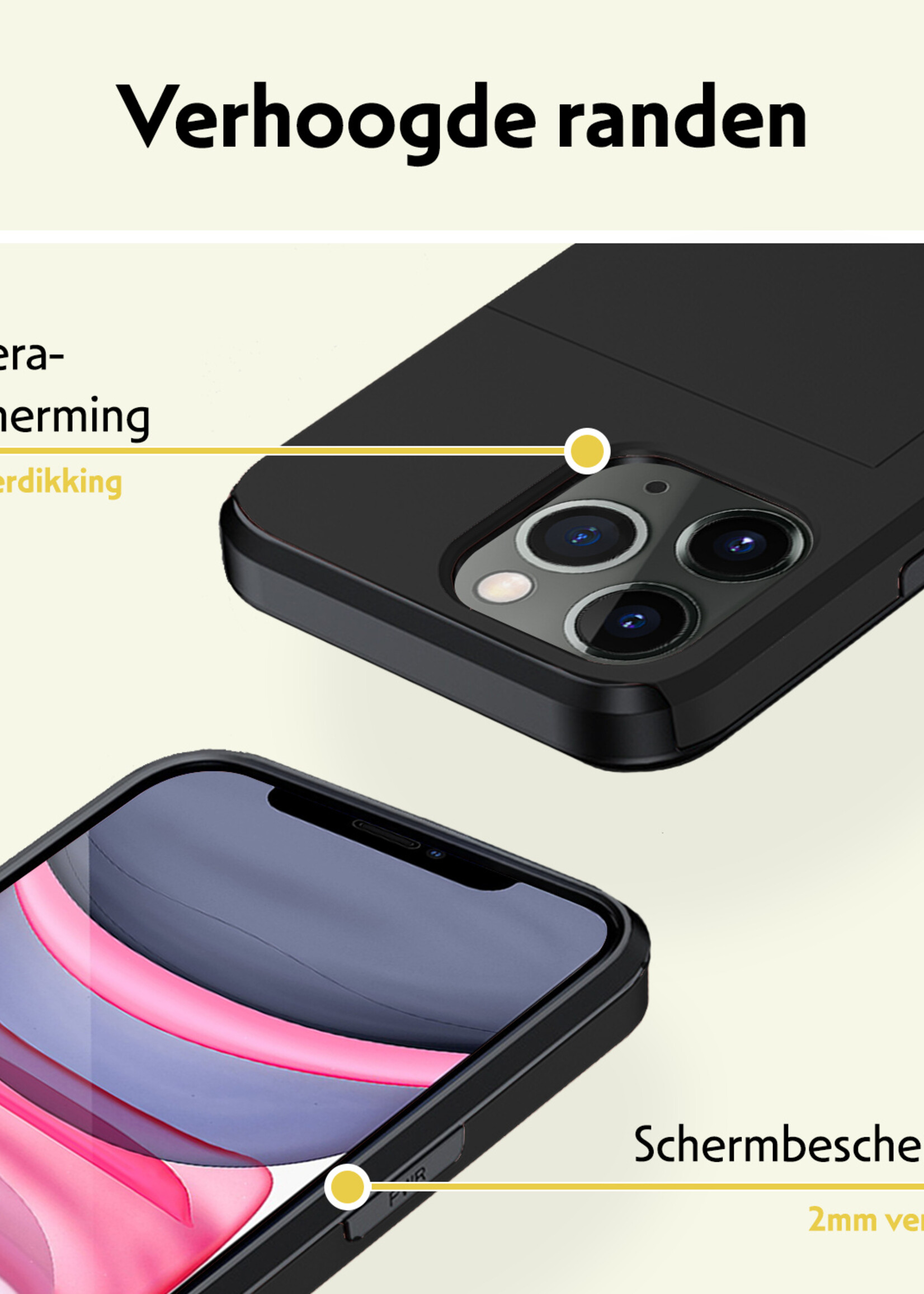 LUQ Hoesje Geschikt voor iPhone 11 Pro Max Hoesje Case Pashouder Hard Cover Met 2x Screenprotector - Hoes Geschikt voor iPhone 11 Pro Max Hoesje Met Kaarthouder - Zwart