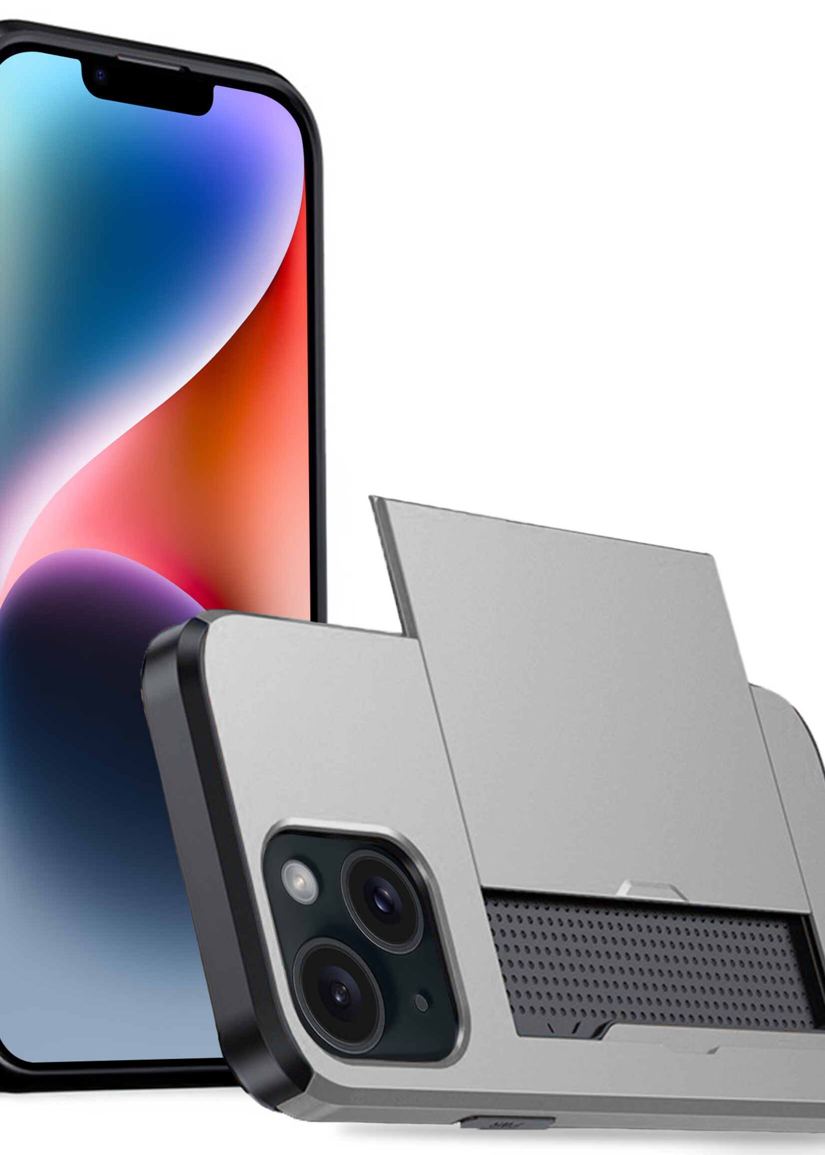 LUQ Hoesje Geschikt voor iPhone 14 Hoesje Case Pashouder Hard Cover - Hoes Geschikt voor iPhone 14 Hoesje Met Kaarthouder - Grijs