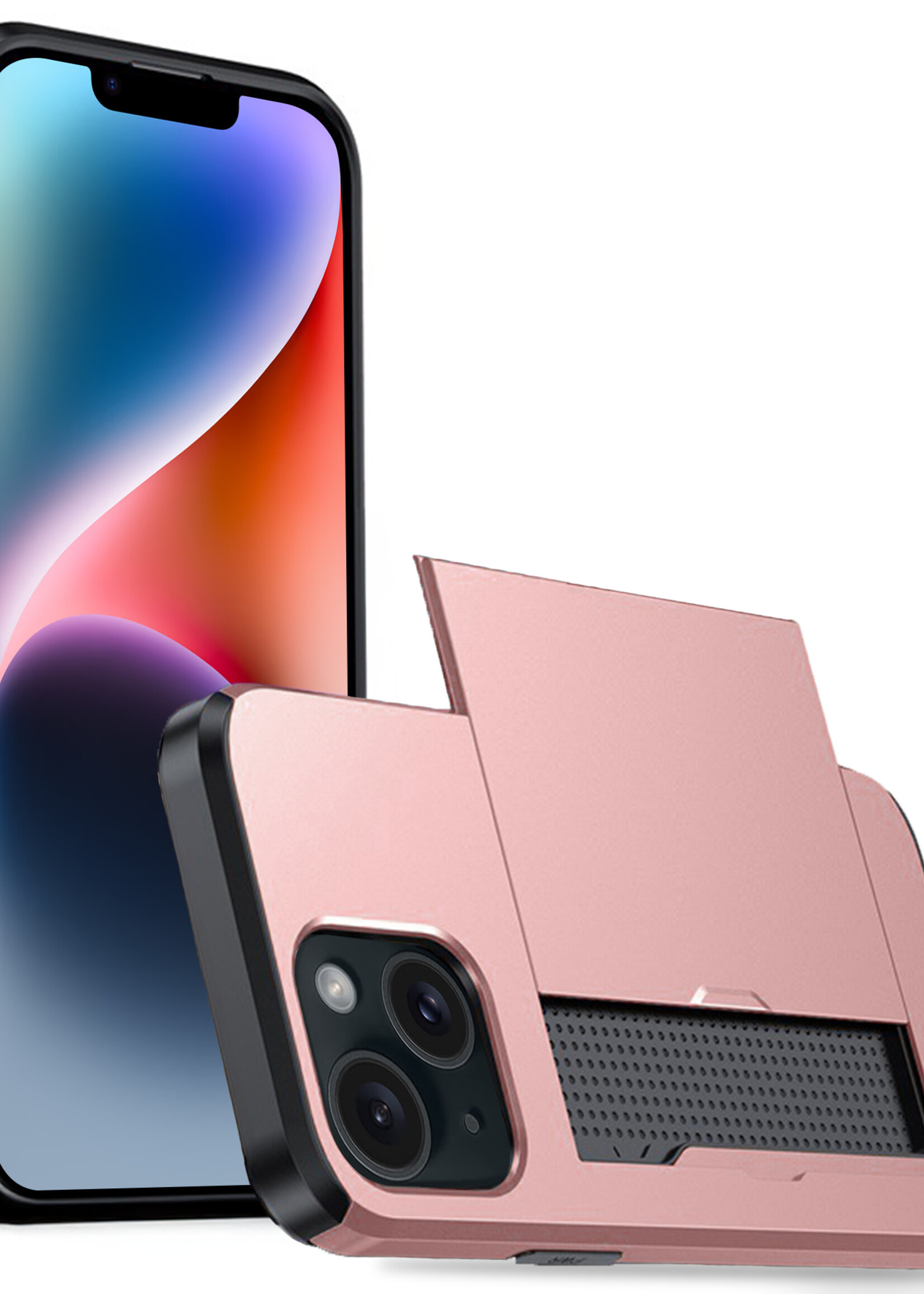 LUQ Hoesje Geschikt voor iPhone 14 Hoesje Case Pashouder Hard Cover - Hoes Geschikt voor iPhone 14 Hoesje Met Kaarthouder - Rosé Goud