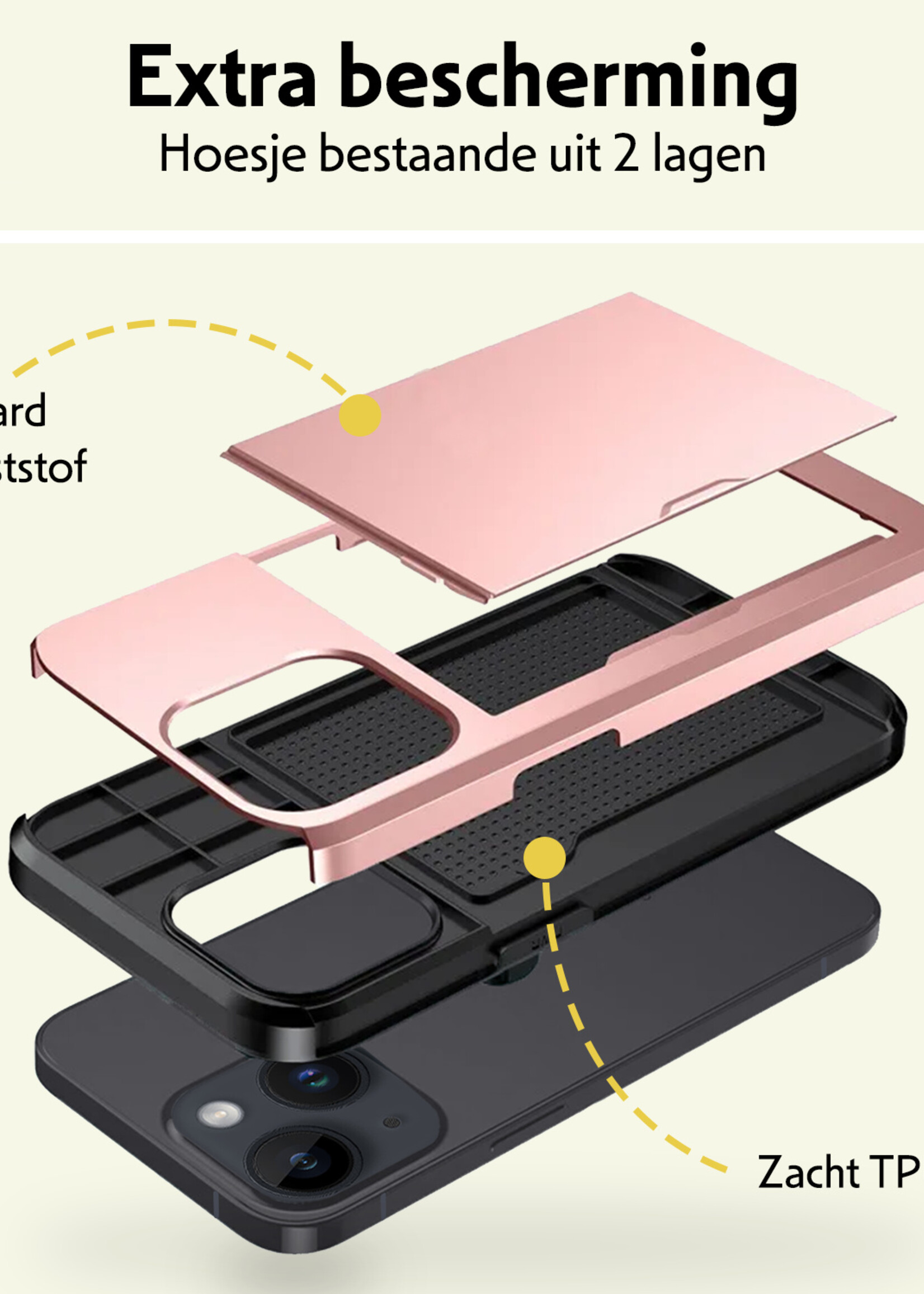 LUQ Hoesje Geschikt voor iPhone 14 Hoesje Case Pashouder Hard Cover - Hoes Geschikt voor iPhone 14 Hoesje Met Kaarthouder - Rosé Goud