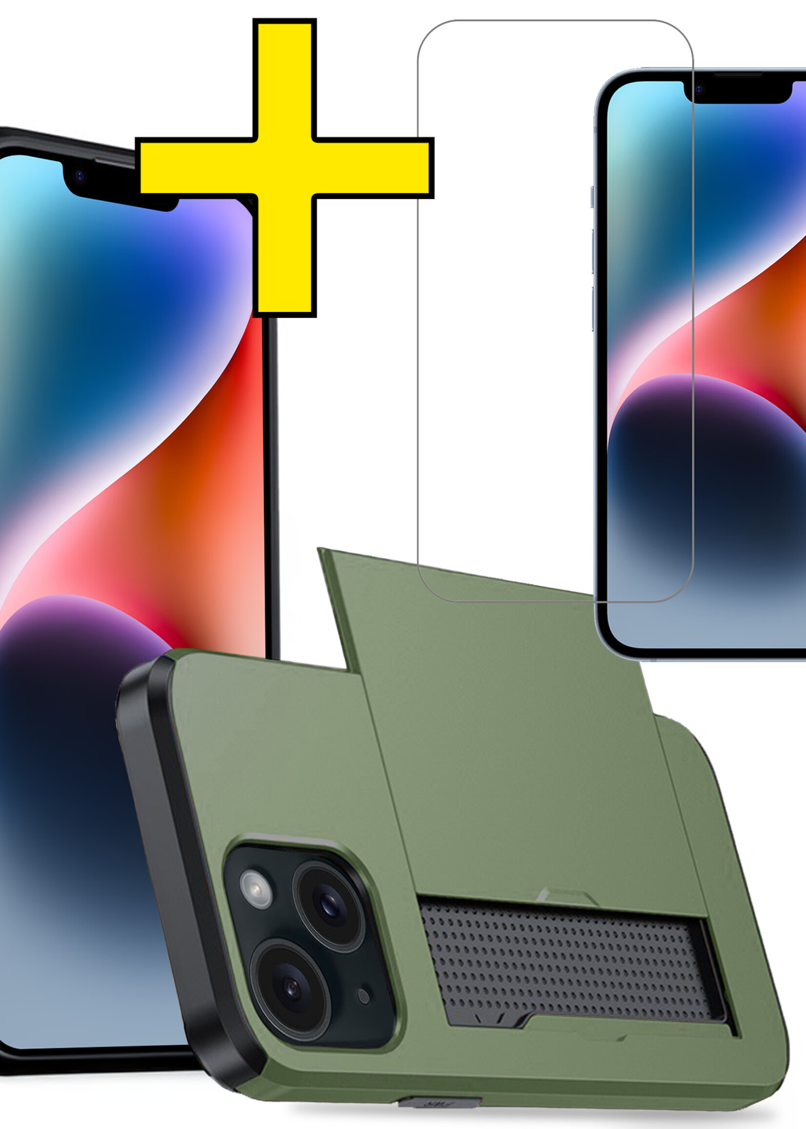 LUQ Hoesje Geschikt voor iPhone 14 Hoesje Case Pashouder Hard Cover Met Screenprotector - Hoes Geschikt voor iPhone 14 Hoesje Met Kaarthouder - Donker Groen