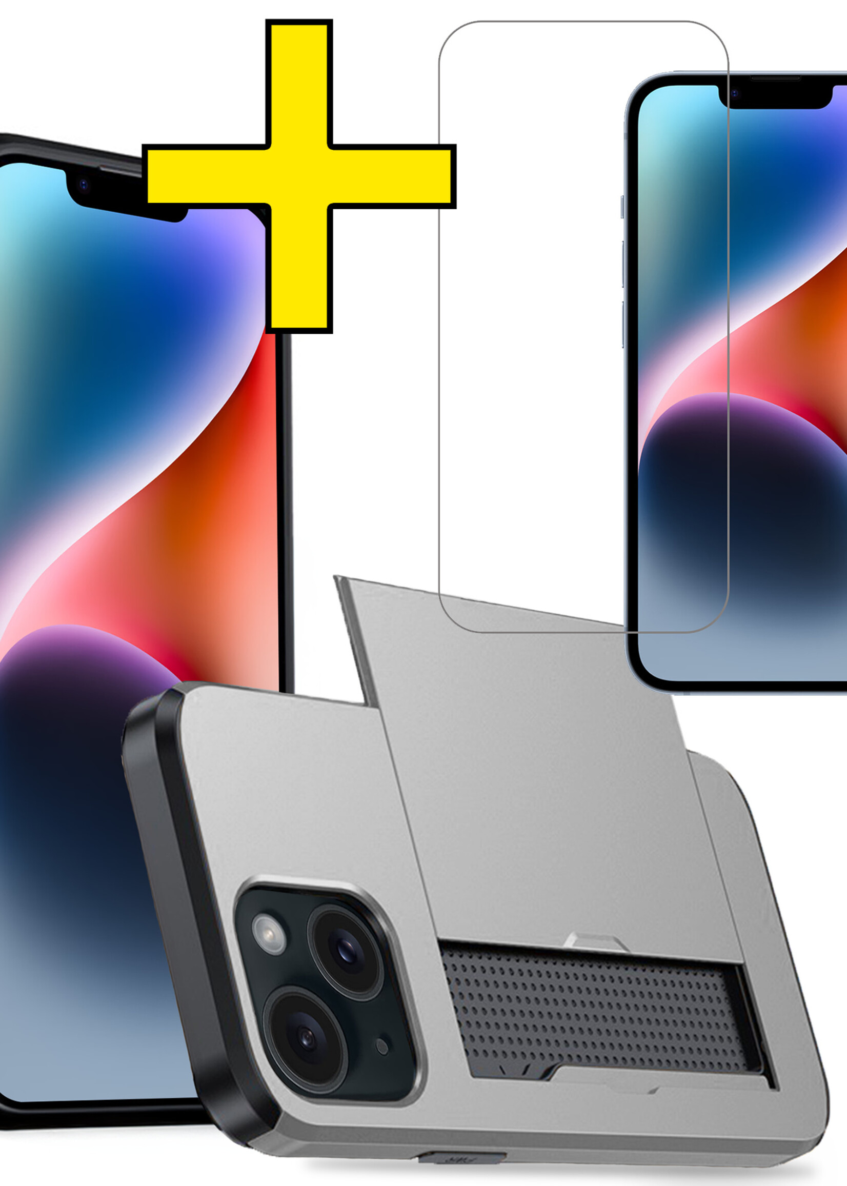 LUQ Hoesje Geschikt voor iPhone 14 Hoesje Case Pashouder Hard Cover Met Screenprotector - Hoes Geschikt voor iPhone 14 Hoesje Met Kaarthouder - Grijs