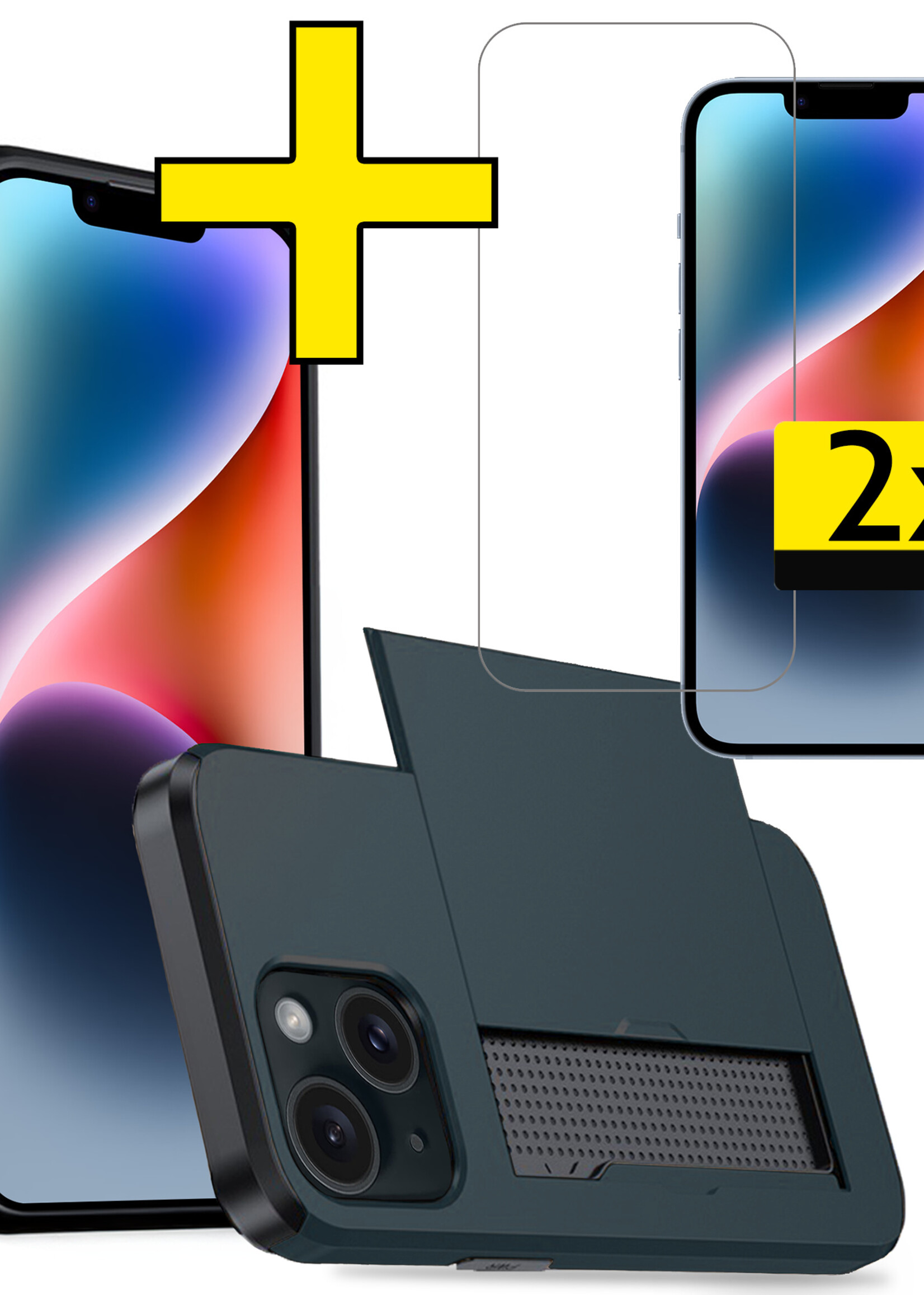 LUQ Hoesje Geschikt voor iPhone 14 Hoesje Case Pashouder Hard Cover Met 2x Screenprotector - Hoes Geschikt voor iPhone 14 Hoesje Met Kaarthouder - Donker Blauw