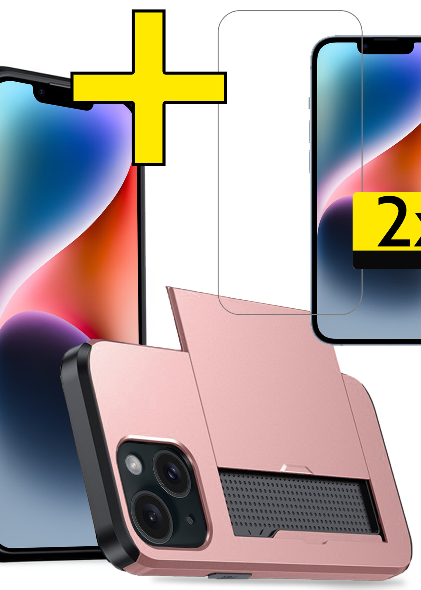 LUQ Hoesje Geschikt voor iPhone 14 Hoesje Case Pashouder Hard Cover Met 2x Screenprotector - Hoes Geschikt voor iPhone 14 Hoesje Met Kaarthouder - Rosé Goud