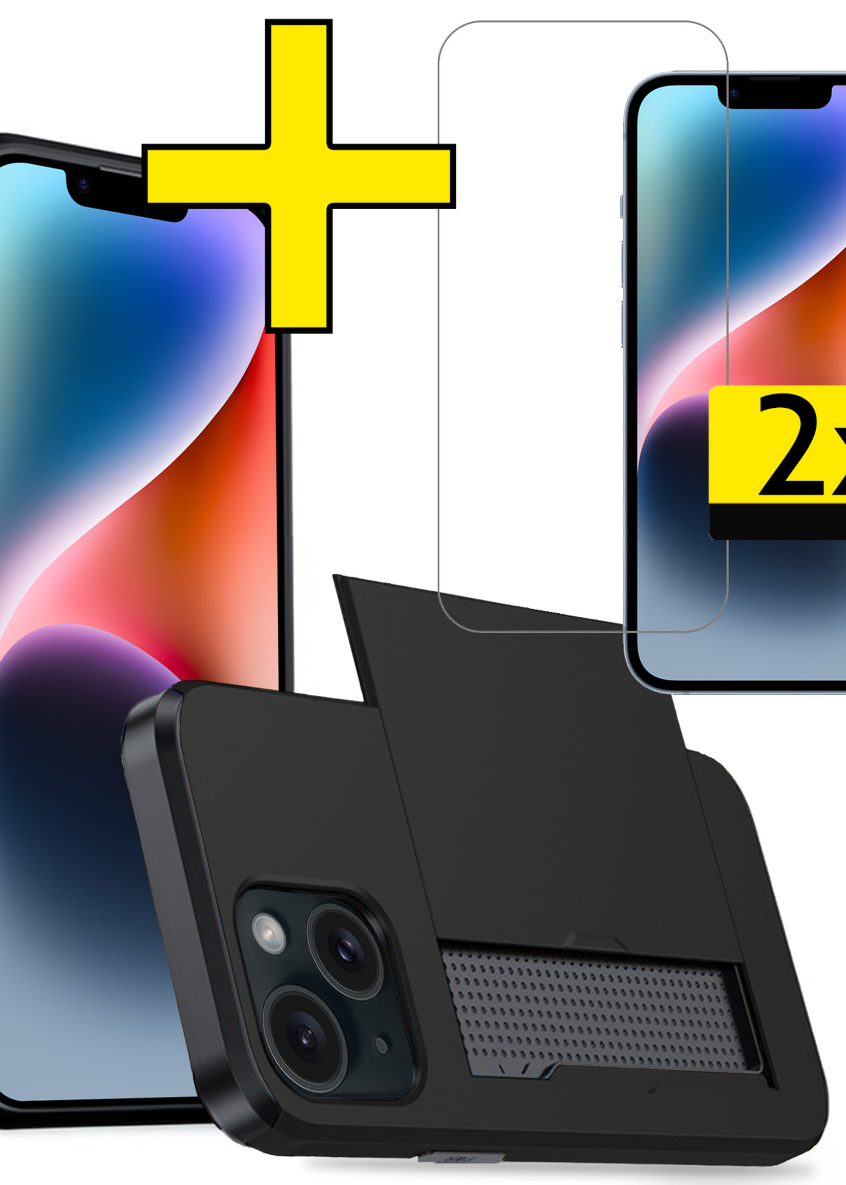 LUQ Hoesje Geschikt voor iPhone 14 Hoesje Case Pashouder Hard Cover Met 2x Screenprotector - Hoes Geschikt voor iPhone 14 Hoesje Met Kaarthouder - Zwart