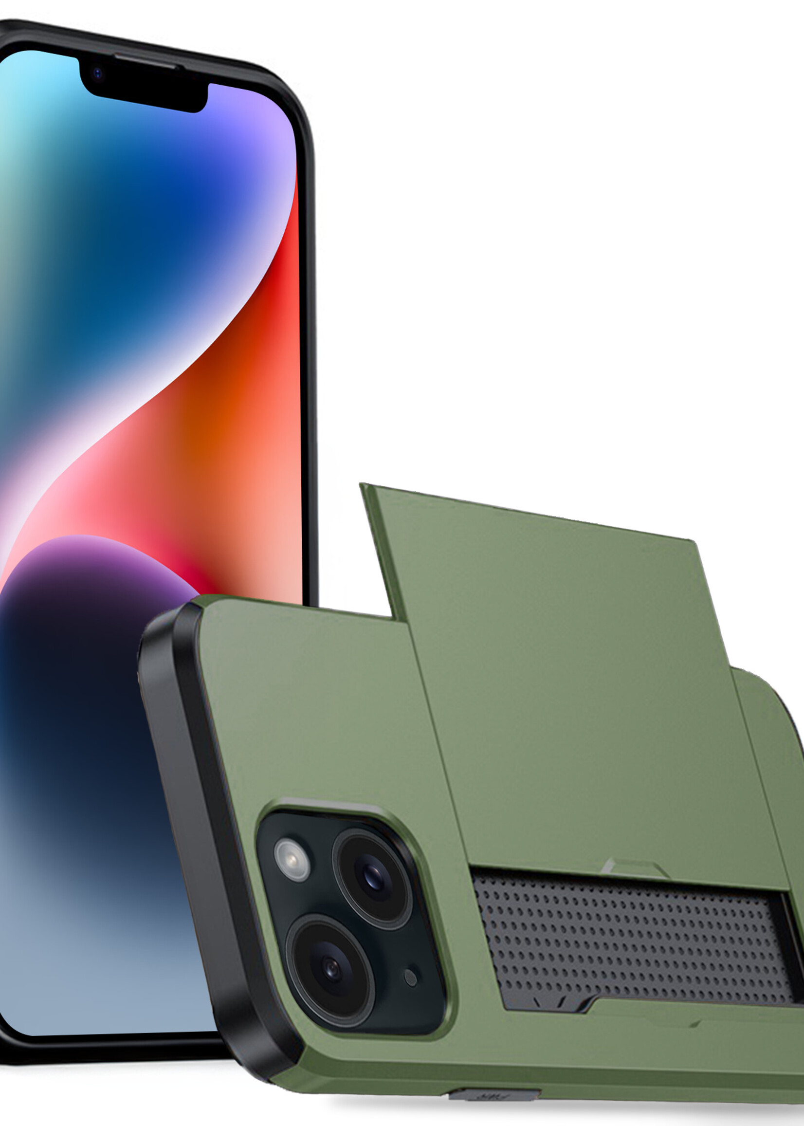 LUQ Hoesje Geschikt voor iPhone 14 Plus Hoesje Case Pashouder Hard Cover - Hoes Geschikt voor iPhone 14 Plus Hoesje Met Kaarthouder - Donker Groen