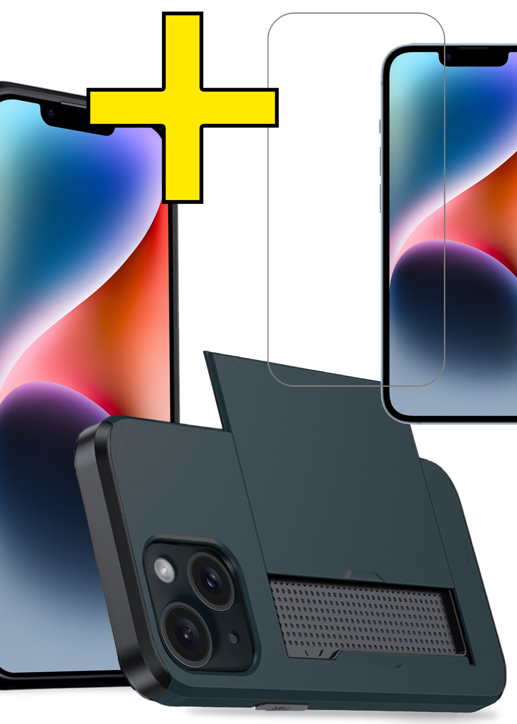 LUQ Hoesje Geschikt voor iPhone 14 Plus Hoesje Case Pashouder Hard Cover Met Screenprotector - Hoes Geschikt voor iPhone 14 Plus Hoesje Met Kaarthouder - Donker Blauw