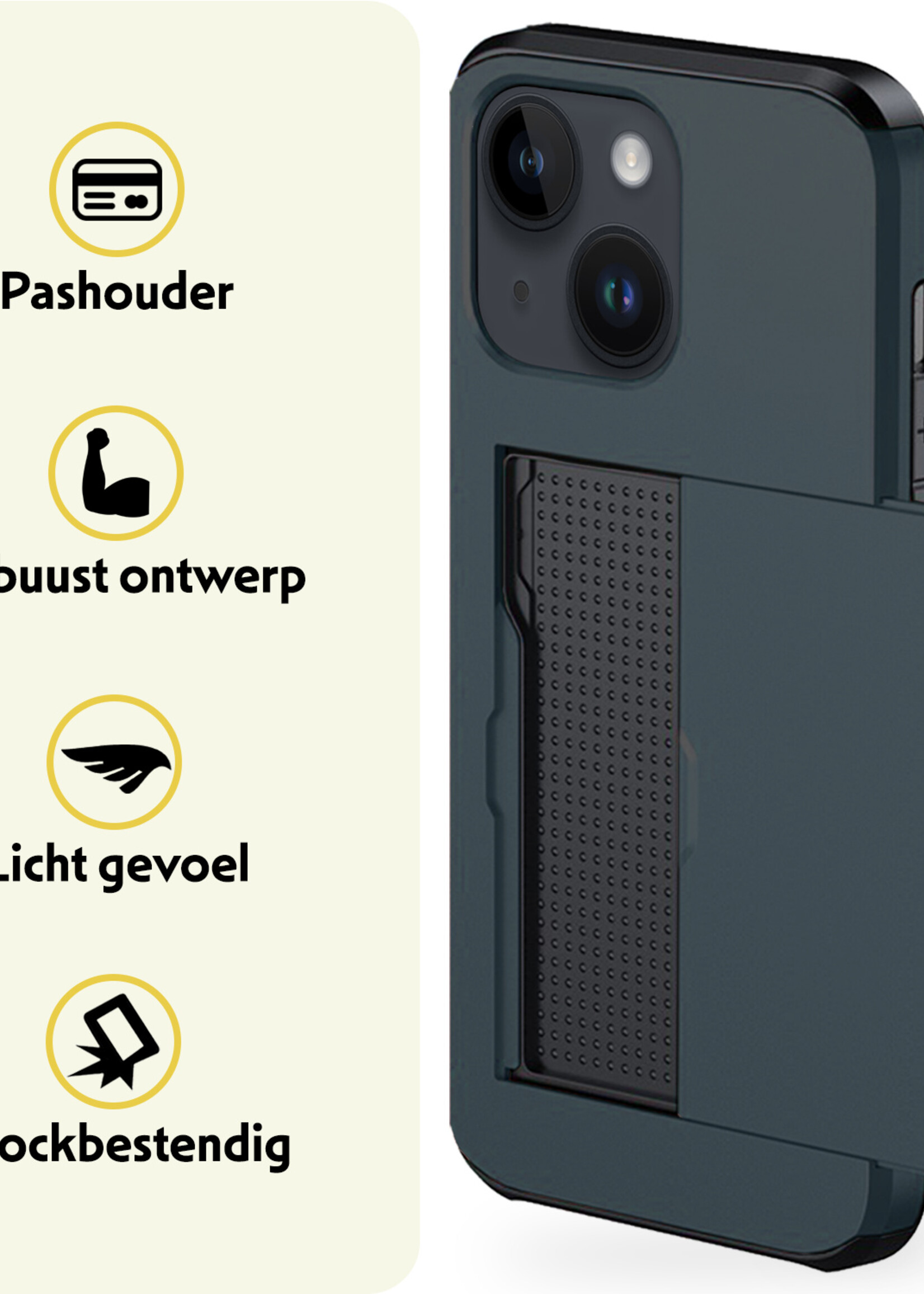 LUQ Hoesje Geschikt voor iPhone 14 Plus Hoesje Case Pashouder Hard Cover Met Screenprotector - Hoes Geschikt voor iPhone 14 Plus Hoesje Met Kaarthouder - Donker Blauw