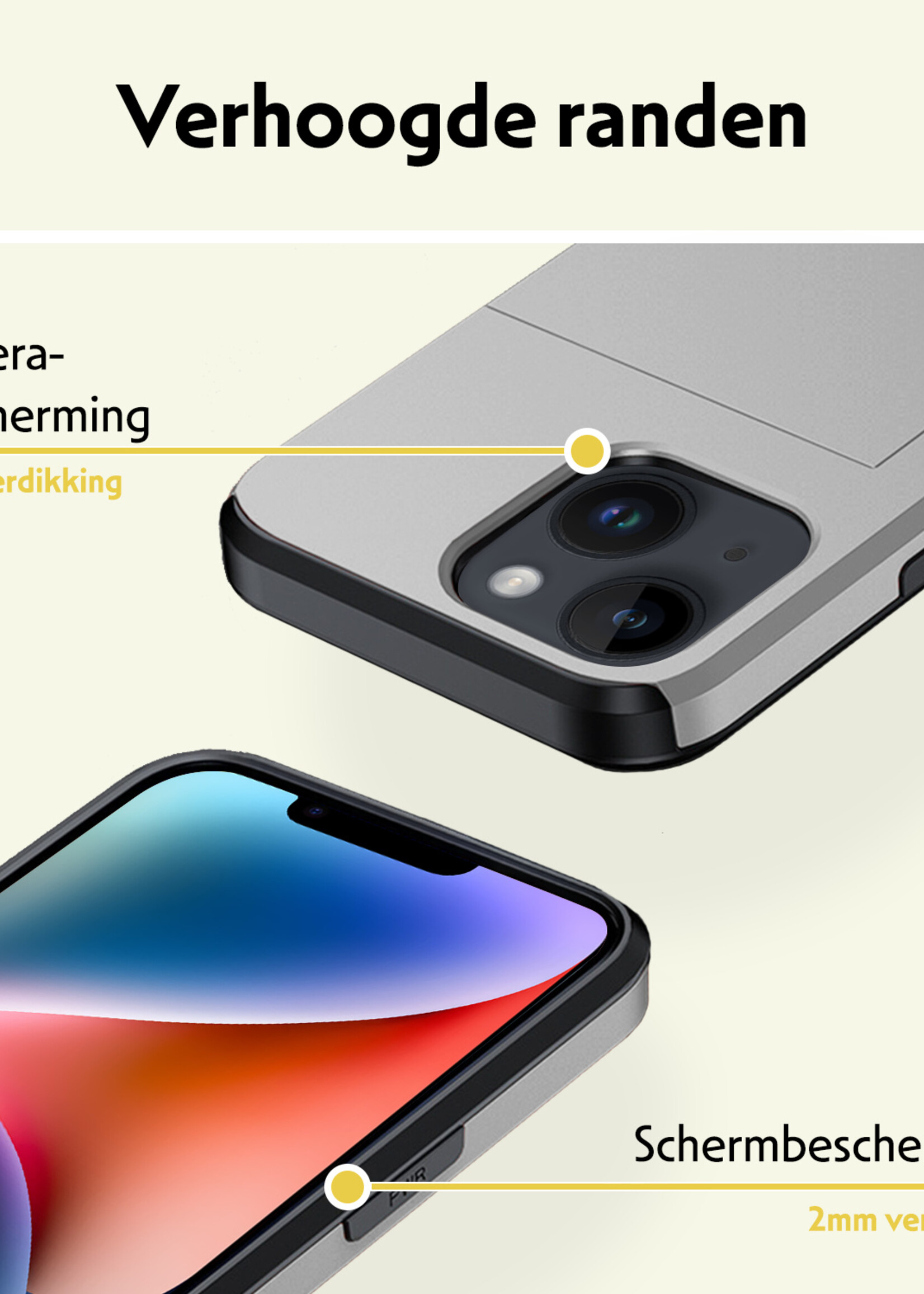 LUQ Hoesje Geschikt voor iPhone 14 Plus Hoesje Case Pashouder Hard Cover Met Screenprotector - Hoes Geschikt voor iPhone 14 Plus Hoesje Met Kaarthouder - Grijs