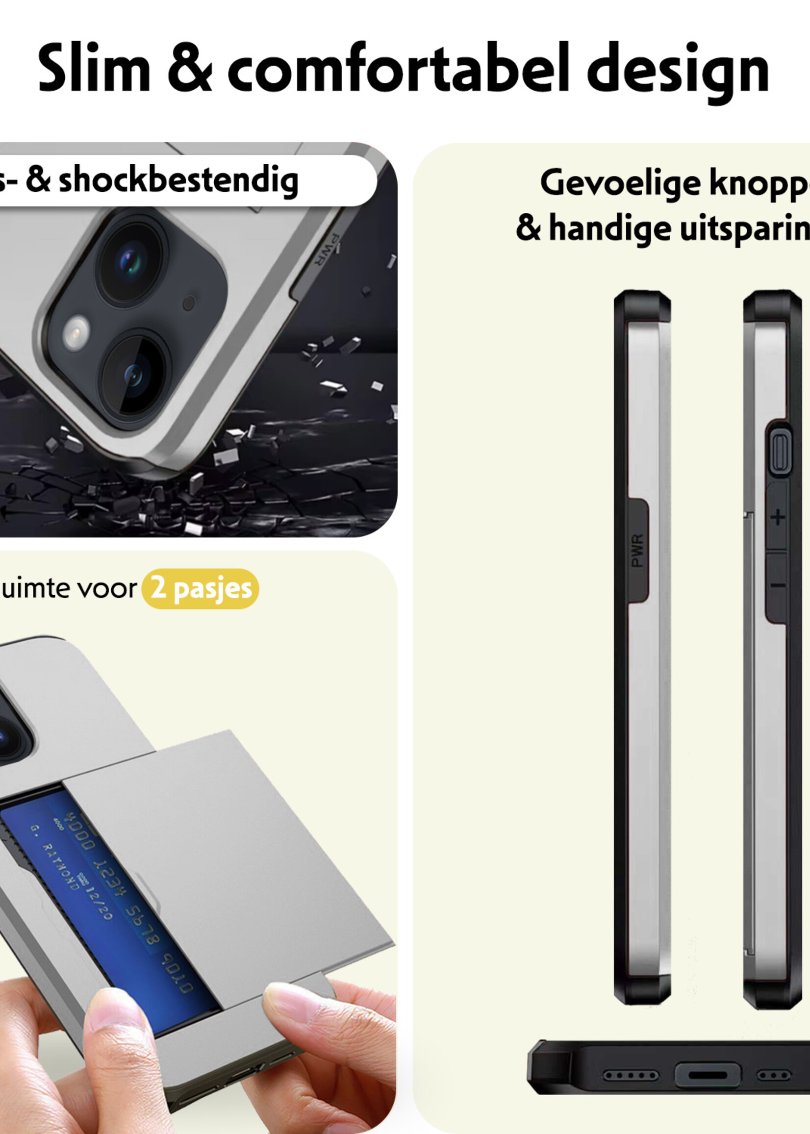 LUQ Hoesje Geschikt voor iPhone 14 Plus Hoesje Case Pashouder Hard Cover Met Screenprotector - Hoes Geschikt voor iPhone 14 Plus Hoesje Met Kaarthouder - Grijs