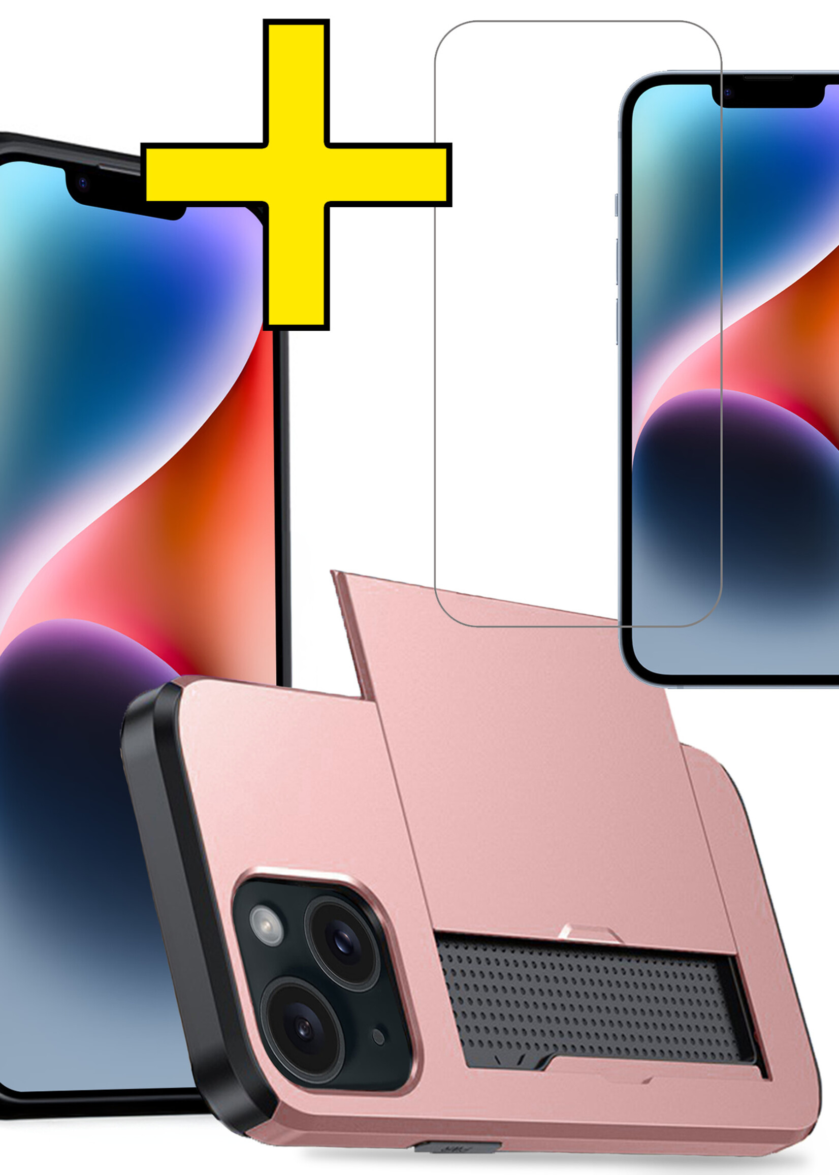 LUQ Hoesje Geschikt voor iPhone 14 Plus Hoesje Case Pashouder Hard Cover Met Screenprotector - Hoes Geschikt voor iPhone 14 Plus Hoesje Met Kaarthouder - Rosé Goud