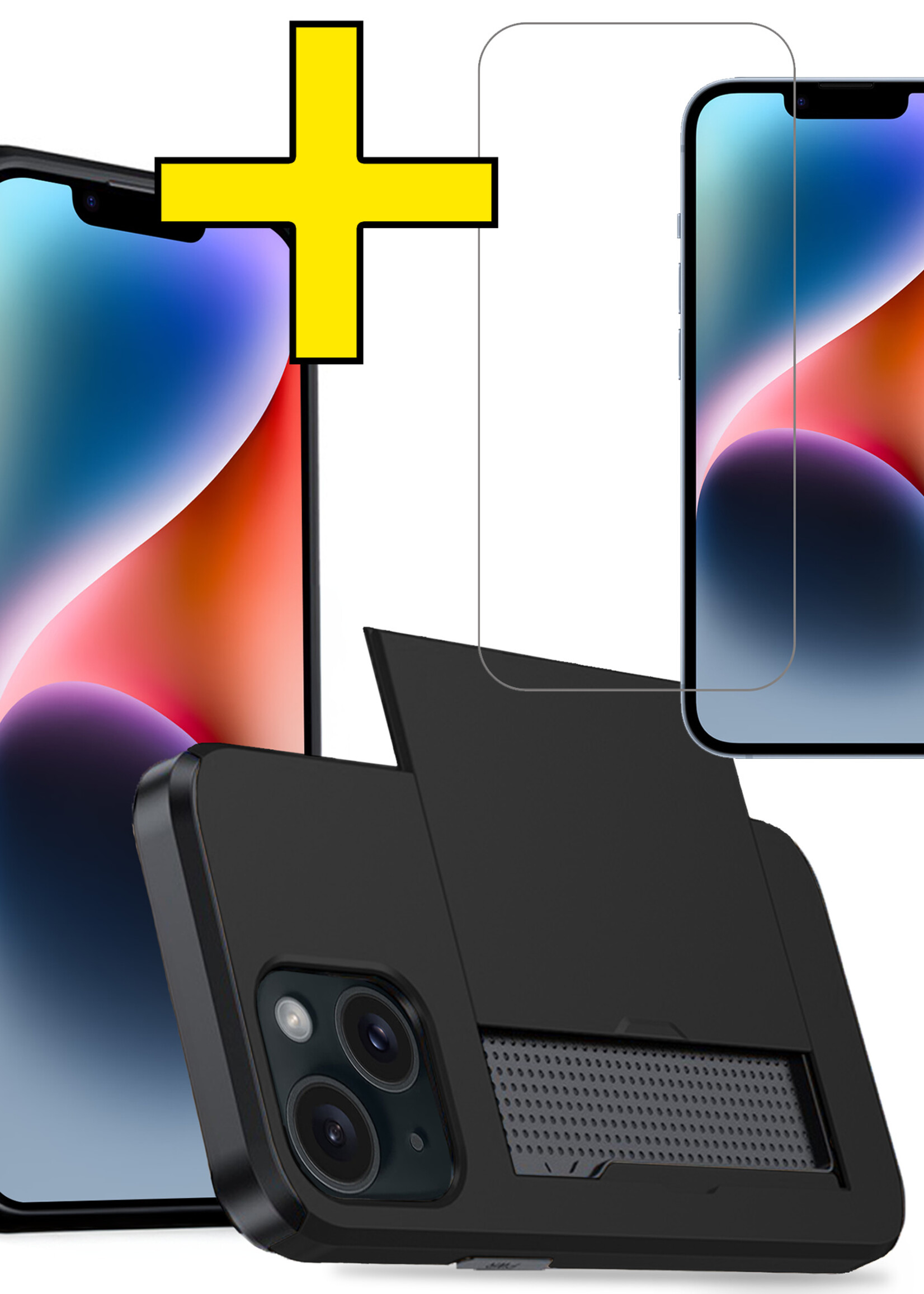 LUQ Hoesje Geschikt voor iPhone 14 Plus Hoesje Case Pashouder Hard Cover Met Screenprotector - Hoes Geschikt voor iPhone 14 Plus Hoesje Met Kaarthouder - Zwart