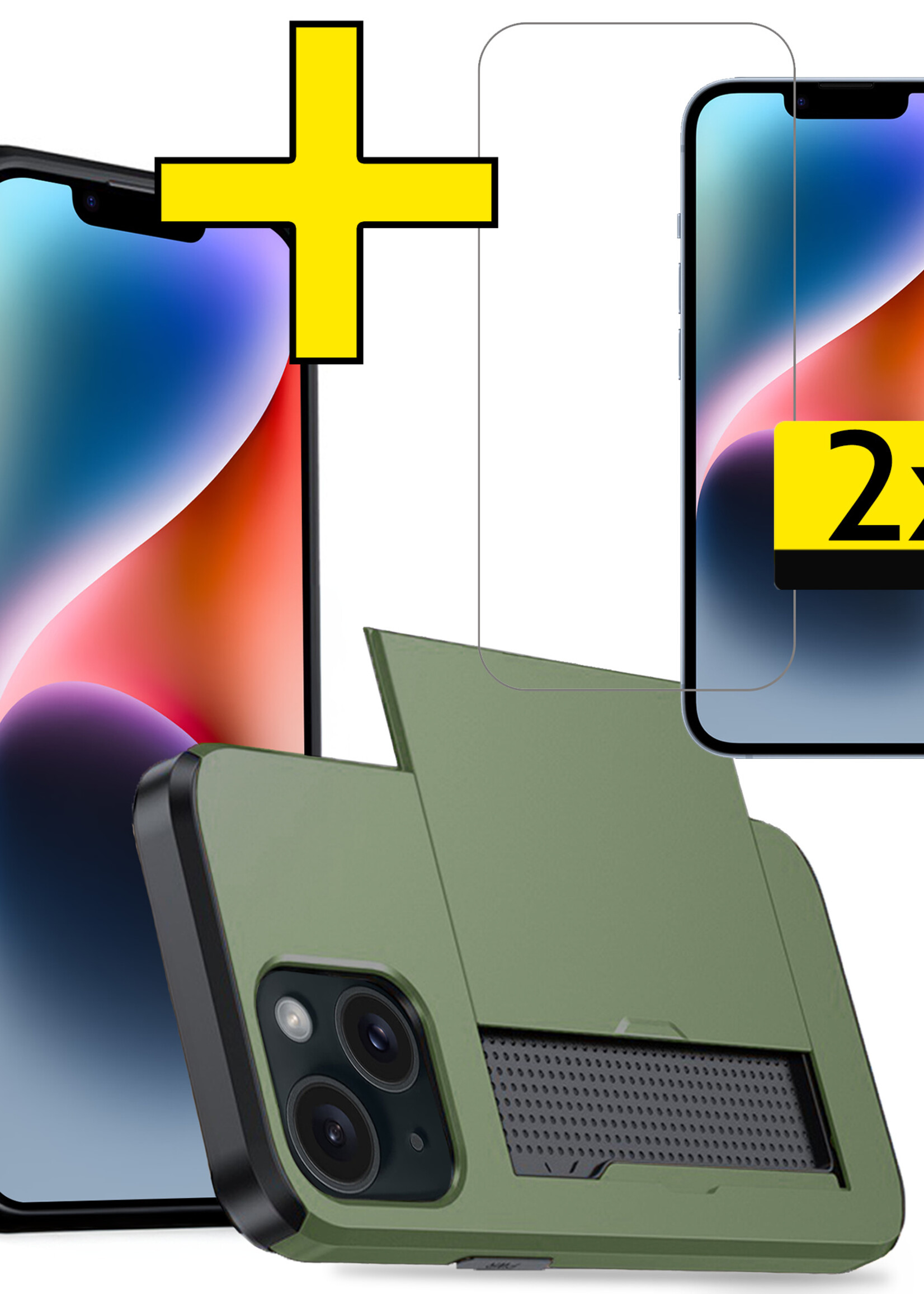 LUQ Hoesje Geschikt voor iPhone 14 Plus Hoesje Case Pashouder Hard Cover Met 2x Screenprotector - Hoes Geschikt voor iPhone 14 Plus Hoesje Met Kaarthouder - Donker Groen