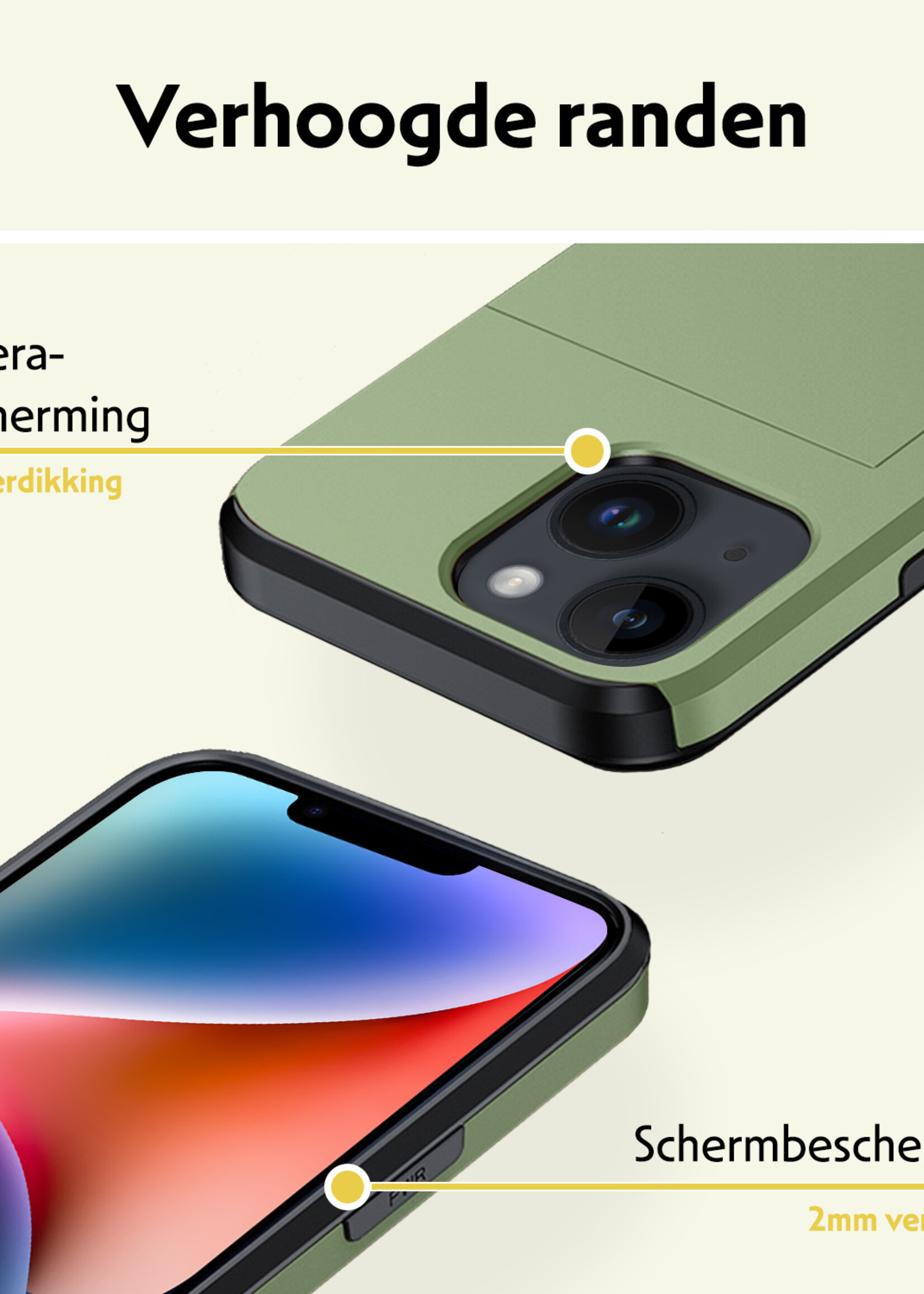 LUQ Hoesje Geschikt voor iPhone 14 Plus Hoesje Case Pashouder Hard Cover Met 2x Screenprotector - Hoes Geschikt voor iPhone 14 Plus Hoesje Met Kaarthouder - Donker Groen