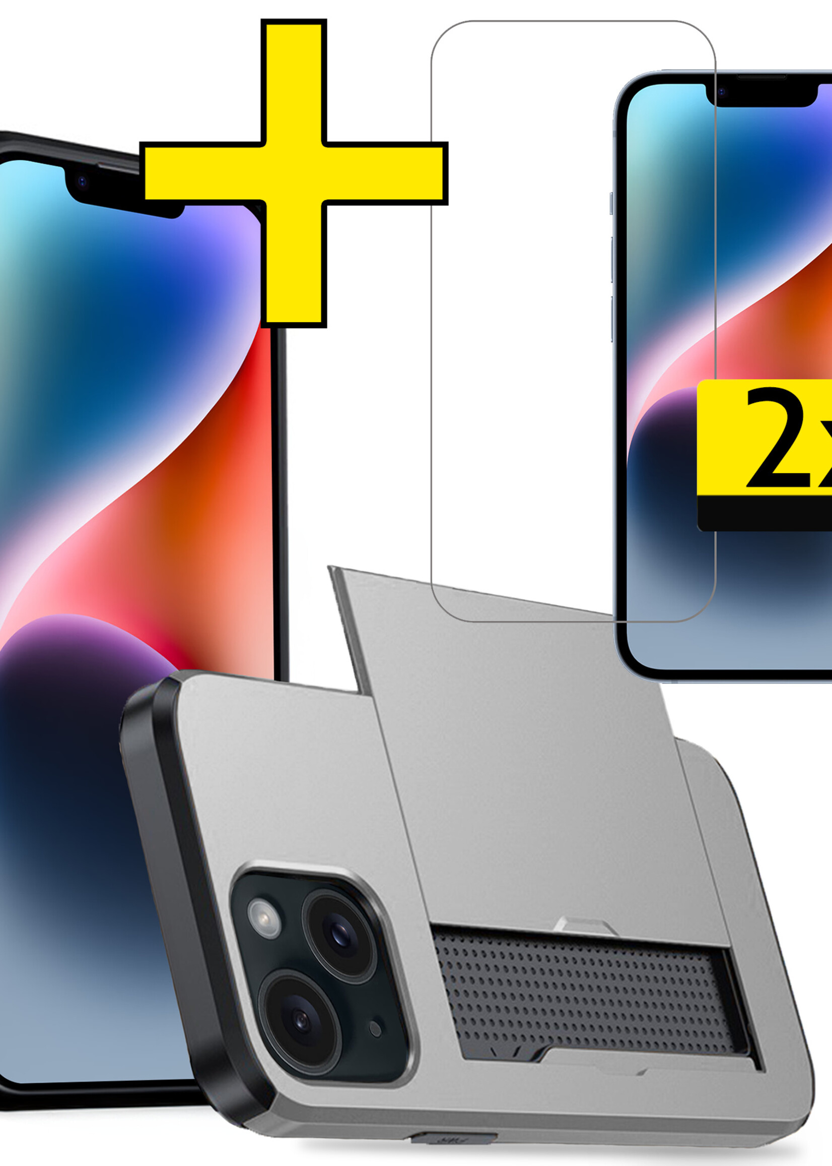 LUQ Hoesje Geschikt voor iPhone 14 Plus Hoesje Case Pashouder Hard Cover Met 2x Screenprotector - Hoes Geschikt voor iPhone 14 Plus Hoesje Met Kaarthouder - Grijs