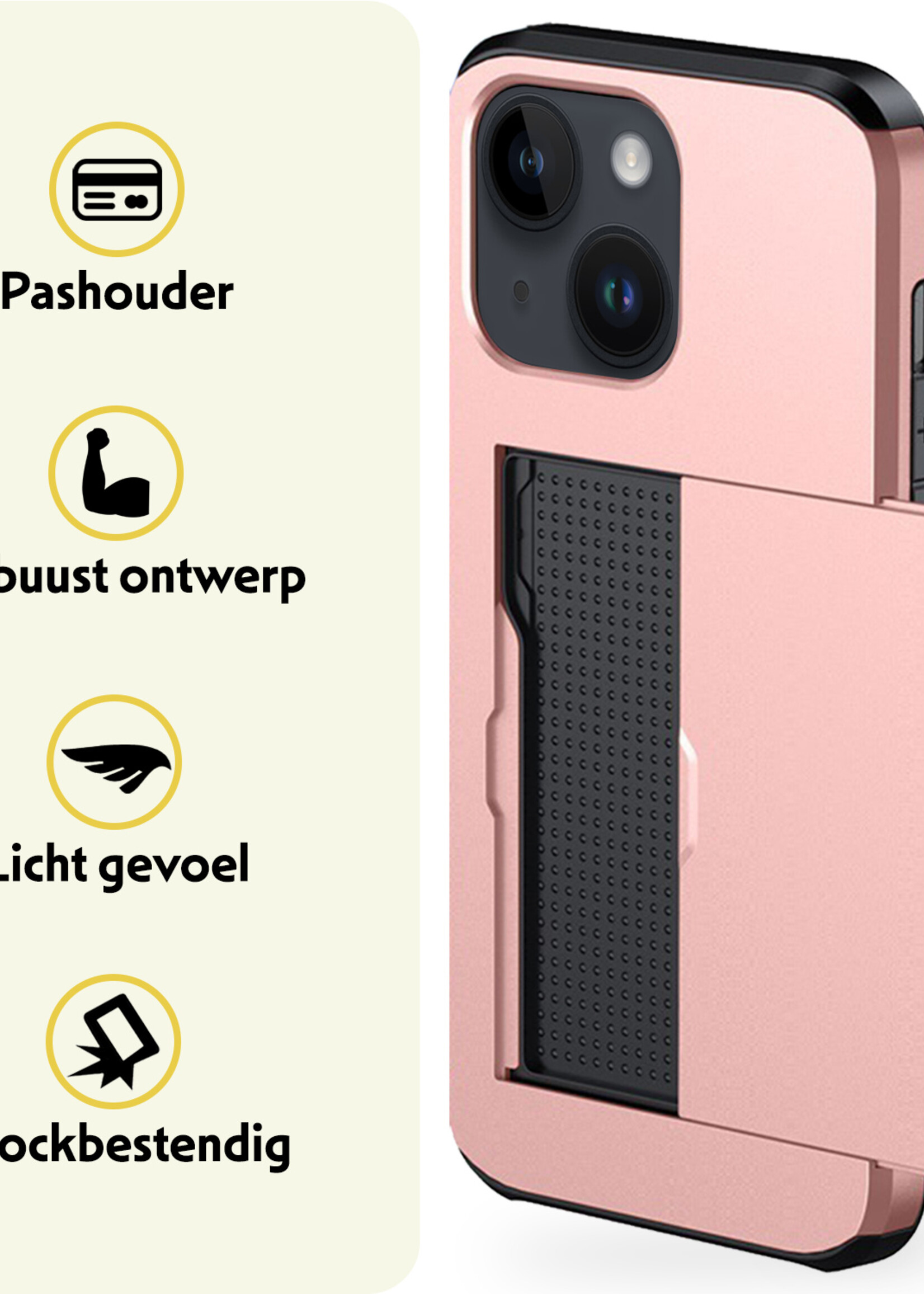 LUQ Hoesje Geschikt voor iPhone 14 Plus Hoesje Case Pashouder Hard Cover Met 2x Screenprotector - Hoes Geschikt voor iPhone 14 Plus Hoesje Met Kaarthouder - Rosé Goud