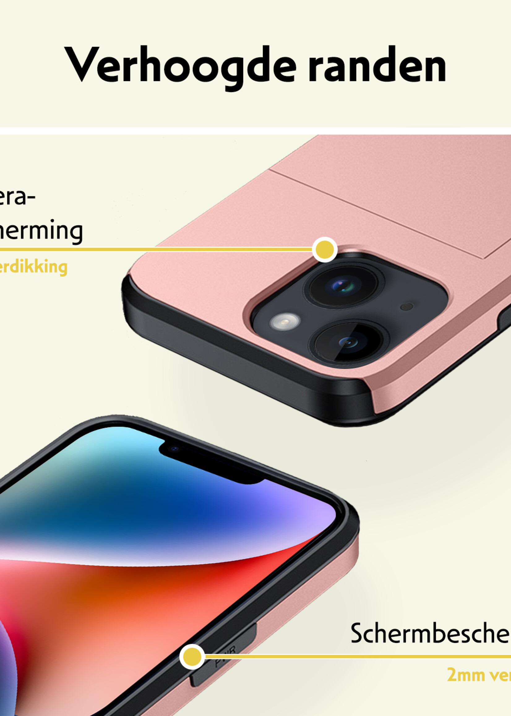 LUQ Hoesje Geschikt voor iPhone 14 Plus Hoesje Case Pashouder Hard Cover Met 2x Screenprotector - Hoes Geschikt voor iPhone 14 Plus Hoesje Met Kaarthouder - Rosé Goud