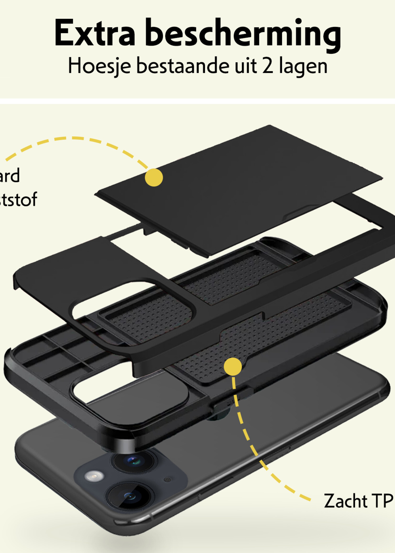 LUQ Hoesje Geschikt voor iPhone 14 Plus Hoesje Case Pashouder Hard Cover Met 2x Screenprotector - Hoes Geschikt voor iPhone 14 Plus Hoesje Met Kaarthouder - Zwart
