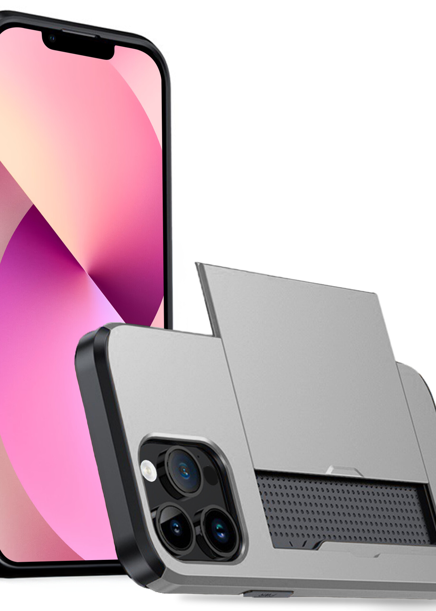 LUQ Hoesje Geschikt voor iPhone 14 Pro Hoesje Case Pashouder Hard Cover - Hoes Geschikt voor iPhone 14 Pro Hoesje Met Kaarthouder - Grijs