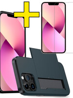 LUQ LUQ iPhone 14 Pro Hoesje Pashouder Hard Met Screenprotector - Donker Blauw