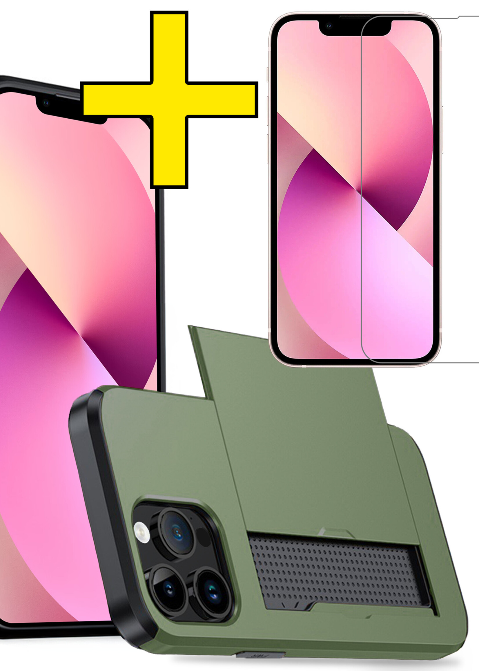 LUQ Hoesje Geschikt voor iPhone 14 Pro Hoesje Case Pashouder Hard Cover Met Screenprotector - Hoes Geschikt voor iPhone 14 Pro Hoesje Met Kaarthouder - Donker Groen