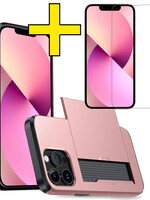 LUQ LUQ iPhone 14 Pro Hoesje Pashouder Hard Met Screenprotector - Rosé Goud