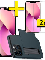 LUQ LUQ iPhone 14 Pro Hoesje Pashouder Hard Met 2x Screenprotector - Donker Blauw