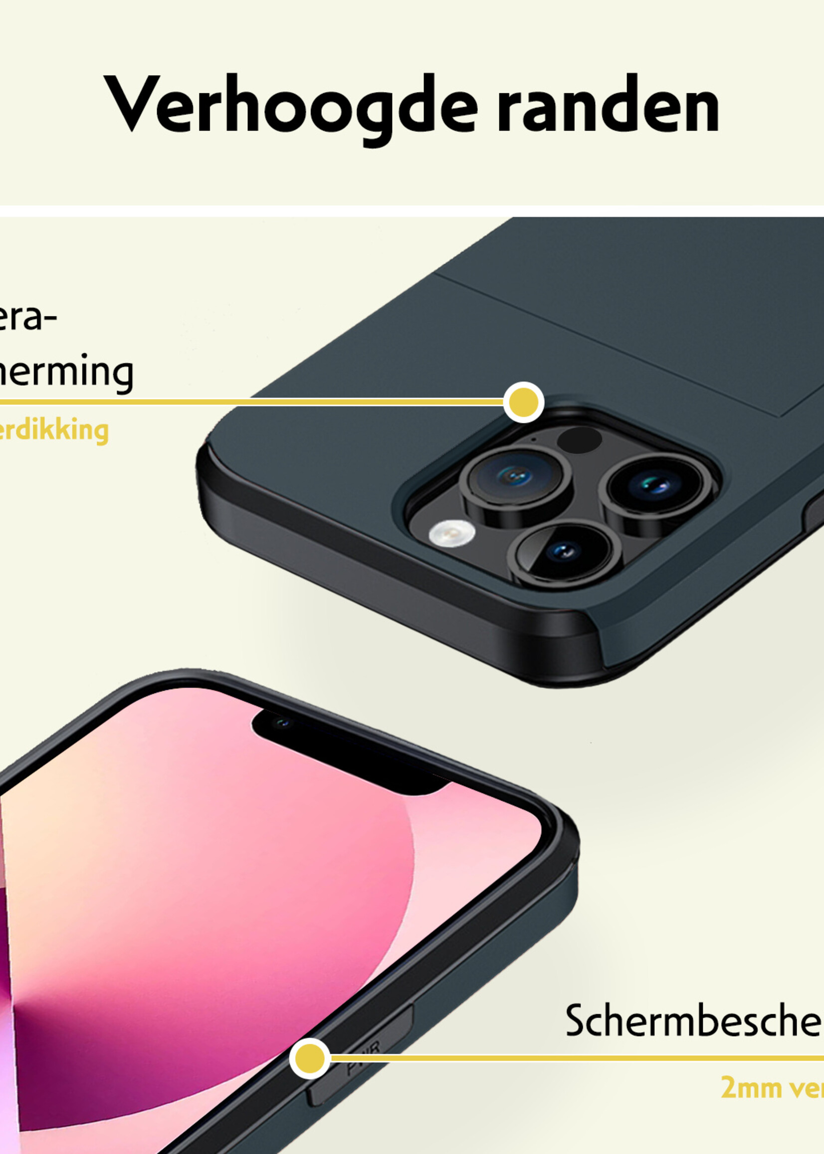 LUQ Hoesje Geschikt voor iPhone 14 Pro Hoesje Case Pashouder Hard Cover Met 2x Screenprotector - Hoes Geschikt voor iPhone 14 Pro Hoesje Met Kaarthouder - Donker Blauw