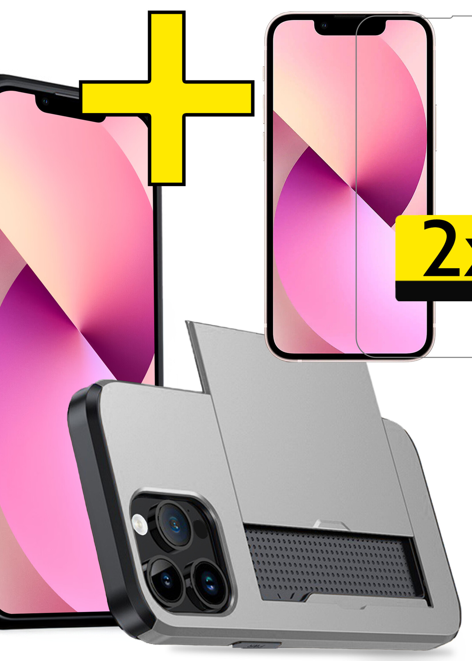 LUQ Hoesje Geschikt voor iPhone 14 Pro Hoesje Case Pashouder Hard Cover Met 2x Screenprotector - Hoes Geschikt voor iPhone 14 Pro Hoesje Met Kaarthouder - Grijs