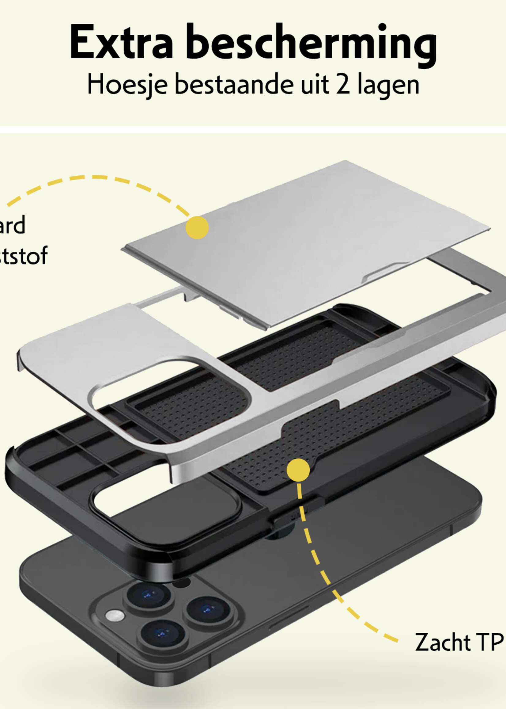 LUQ Hoesje Geschikt voor iPhone 14 Pro Hoesje Case Pashouder Hard Cover Met 2x Screenprotector - Hoes Geschikt voor iPhone 14 Pro Hoesje Met Kaarthouder - Grijs