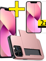 LUQ LUQ iPhone 14 Pro Hoesje Pashouder Hard Met 2x Screenprotector - Rosé Goud