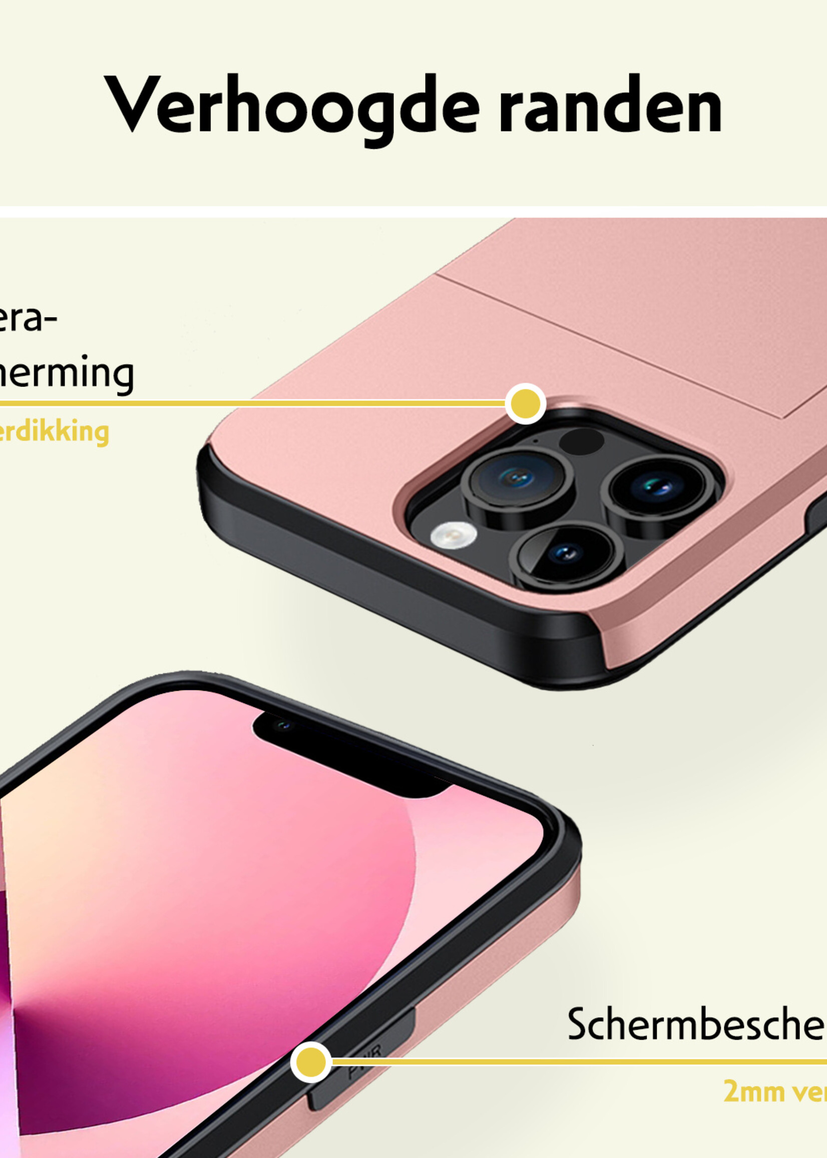 LUQ Hoesje Geschikt voor iPhone 14 Pro Max Hoesje Case Pashouder Hard Cover - Hoes Geschikt voor iPhone 14 Pro Max Hoesje Met Kaarthouder - Rosé Goud