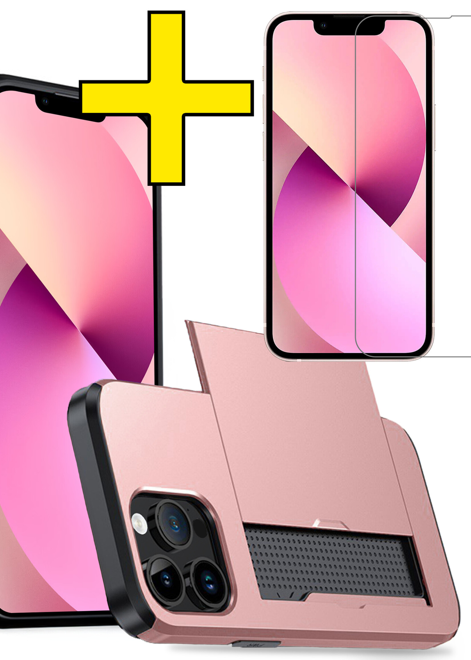 LUQ Hoesje Geschikt voor iPhone 14 Pro Max Hoesje Case Pashouder Hard Cover Met Screenprotector - Hoes Geschikt voor iPhone 14 Pro Max Hoesje Met Kaarthouder - Rosé Goud