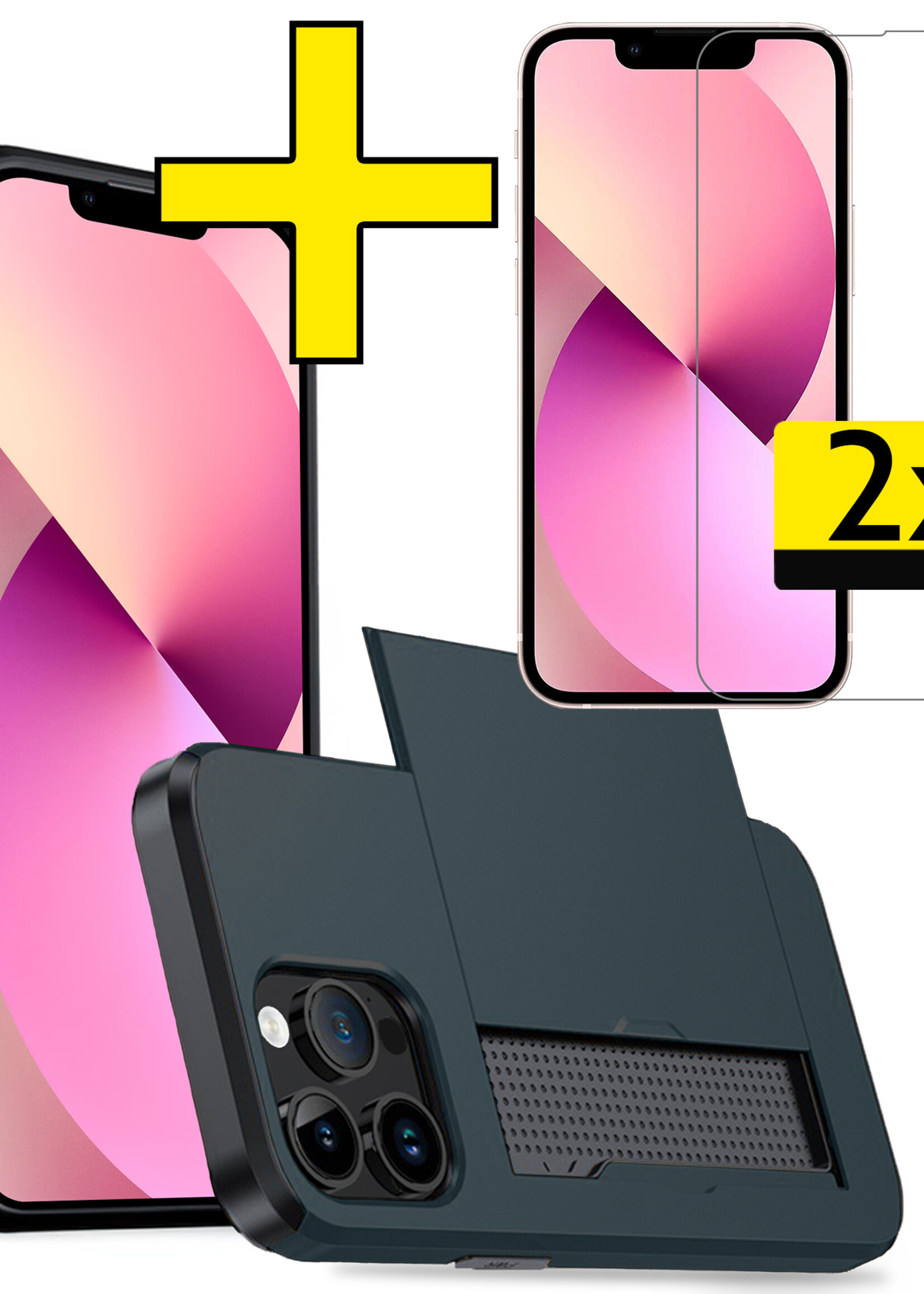 LUQ Hoesje Geschikt voor iPhone 14 Pro Max Hoesje Case Pashouder Hard Cover Met 2x Screenprotector - Hoes Geschikt voor iPhone 14 Pro Max Hoesje Met Kaarthouder - Donker Blauw